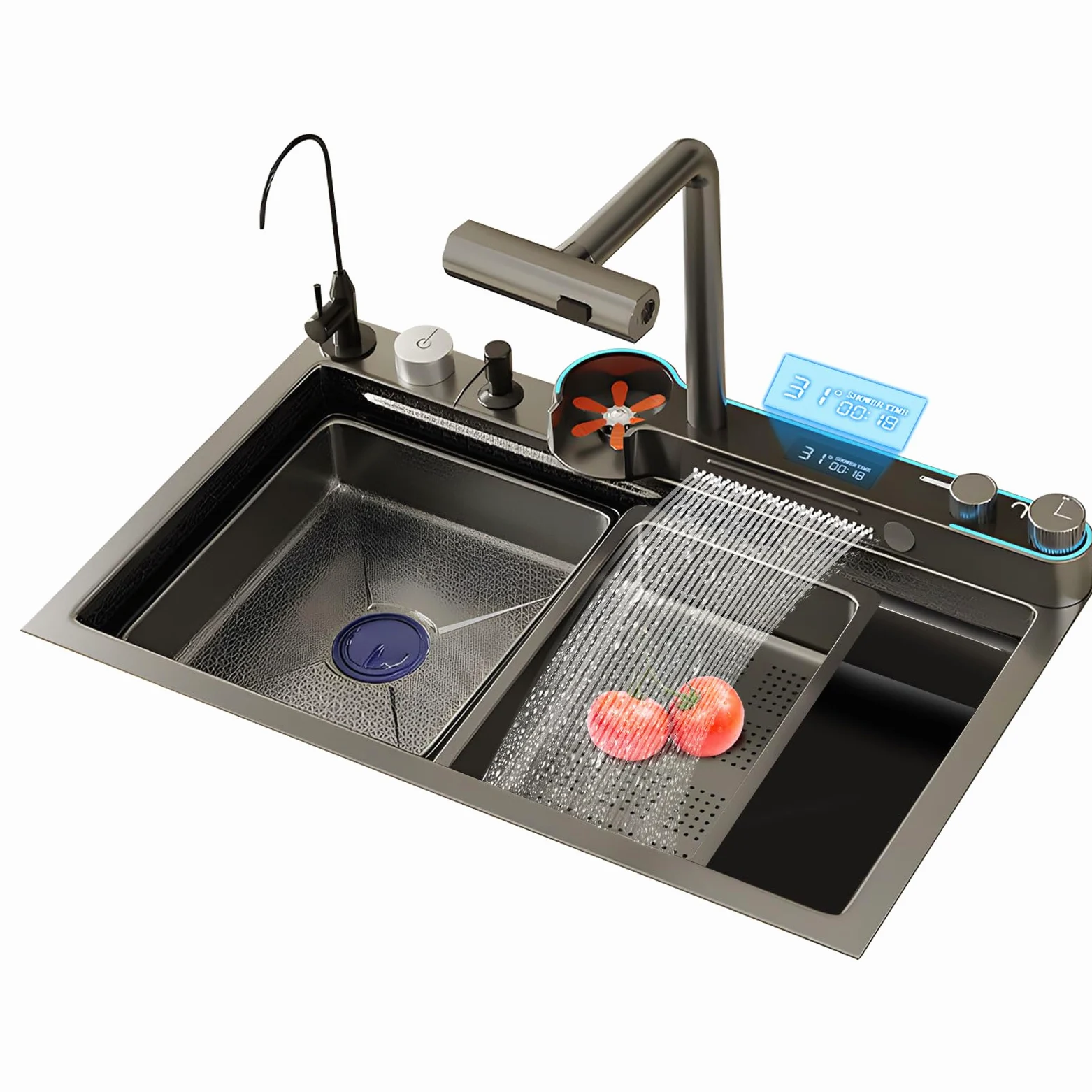 Lavello Cucina 75 x 46cm Lavadino Cucina 1 Vasca Multifunzione con Rubinetto Estraibile Lavello a Cassata con Display Digitale