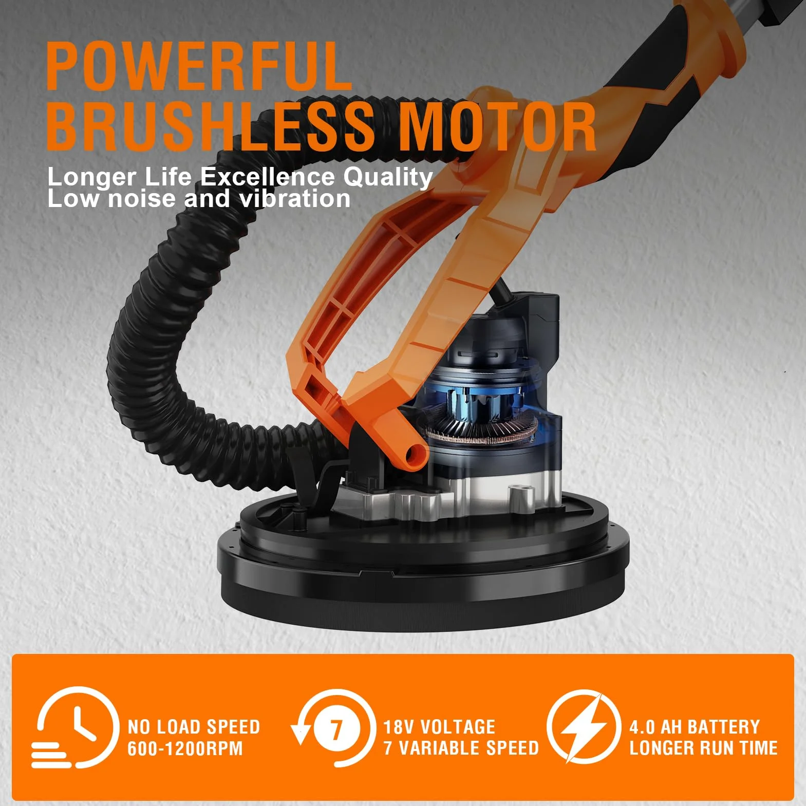 MAXXT Levigatrice per muro 20V senza spazzole: Sistema auto-aspirante, Velocità regolabile continua (600-1200 RPM), Disco da 225 mm, Pieghevole (estensibile 110-165 cm), Per pareti e soffitti