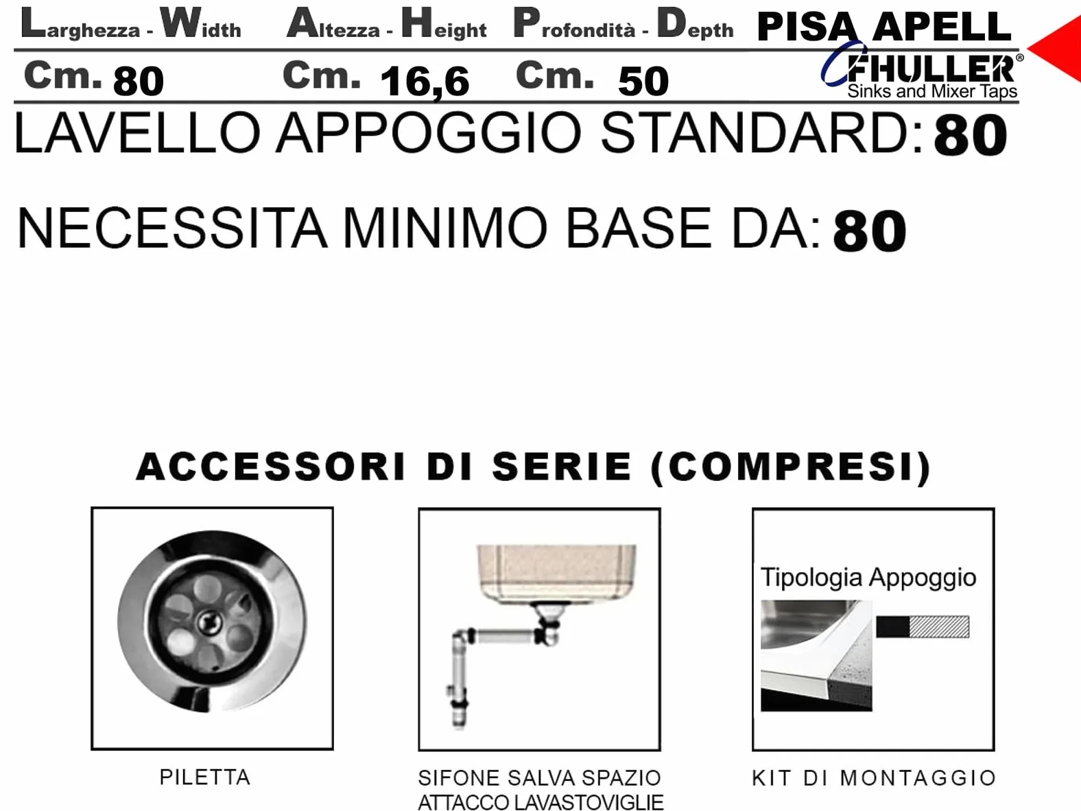 Lavello d'appoggio in acciaio inox Con 1 vaschetta 80cm gocciolatoio a sx