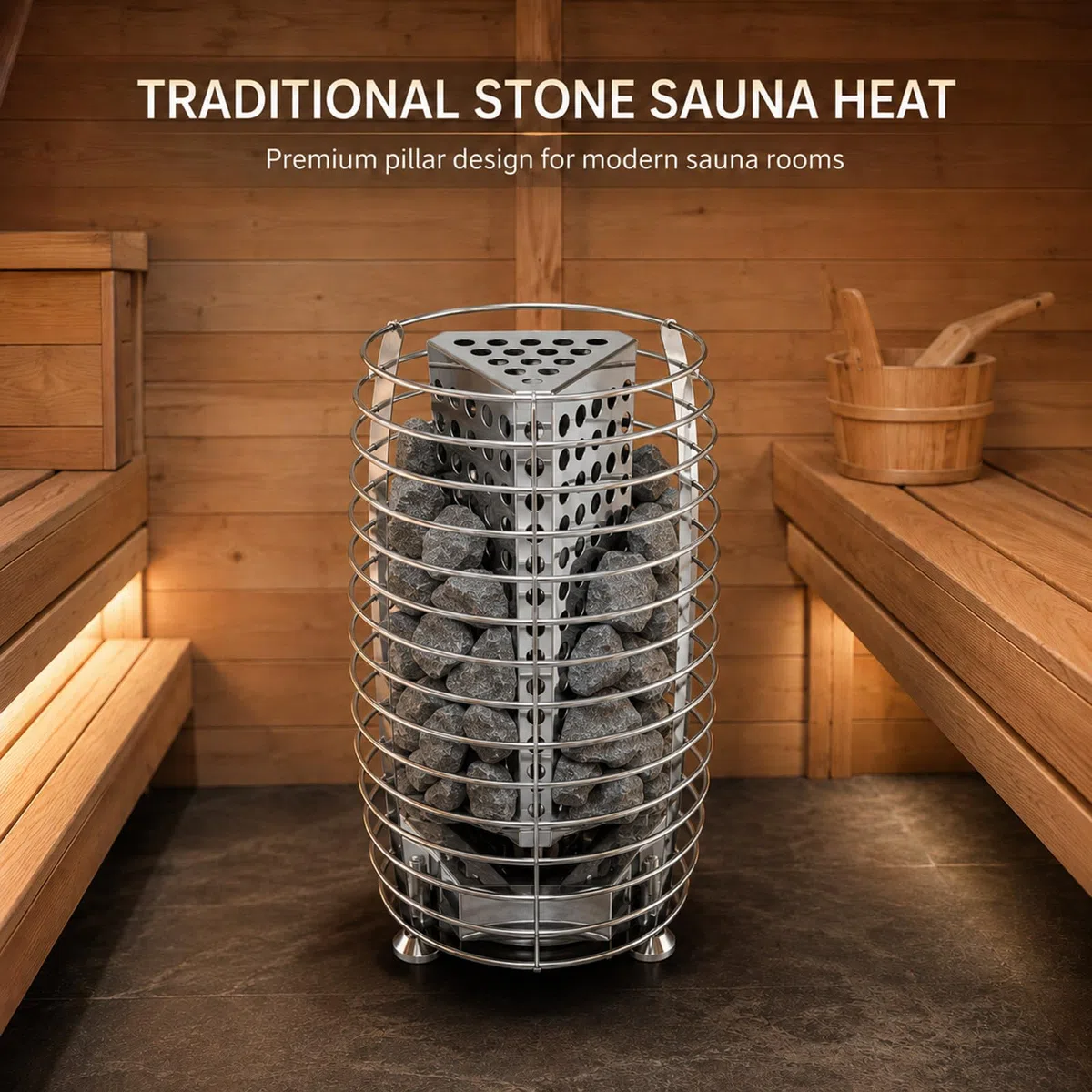 Stufa Sauna Elettrica, Colonna Inox con Cestello Aperto, 3kW 6kW