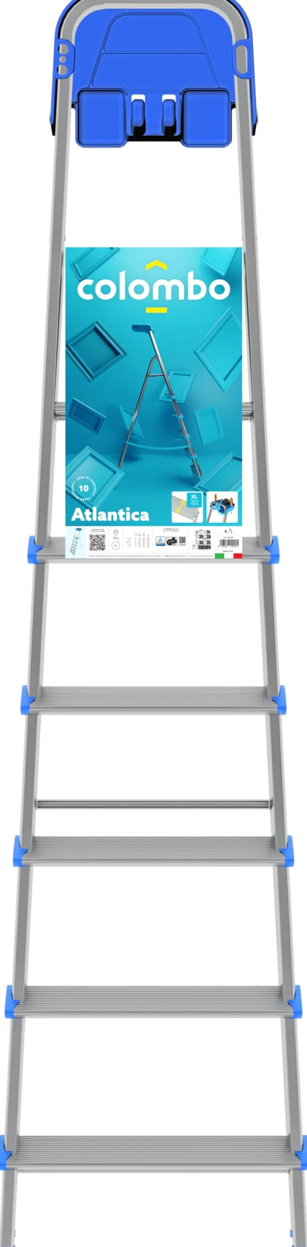 Colombo Scala Alluminio Atlantica 3/4/5/6/7/8 Gradini | Scala 6 Gradini Extra Large 12cm con Piattaforma Antiscivolo e Vaschetta Portautensili | Conforme EN131 TÜV-GS | Portata 150kg | Made in Italy