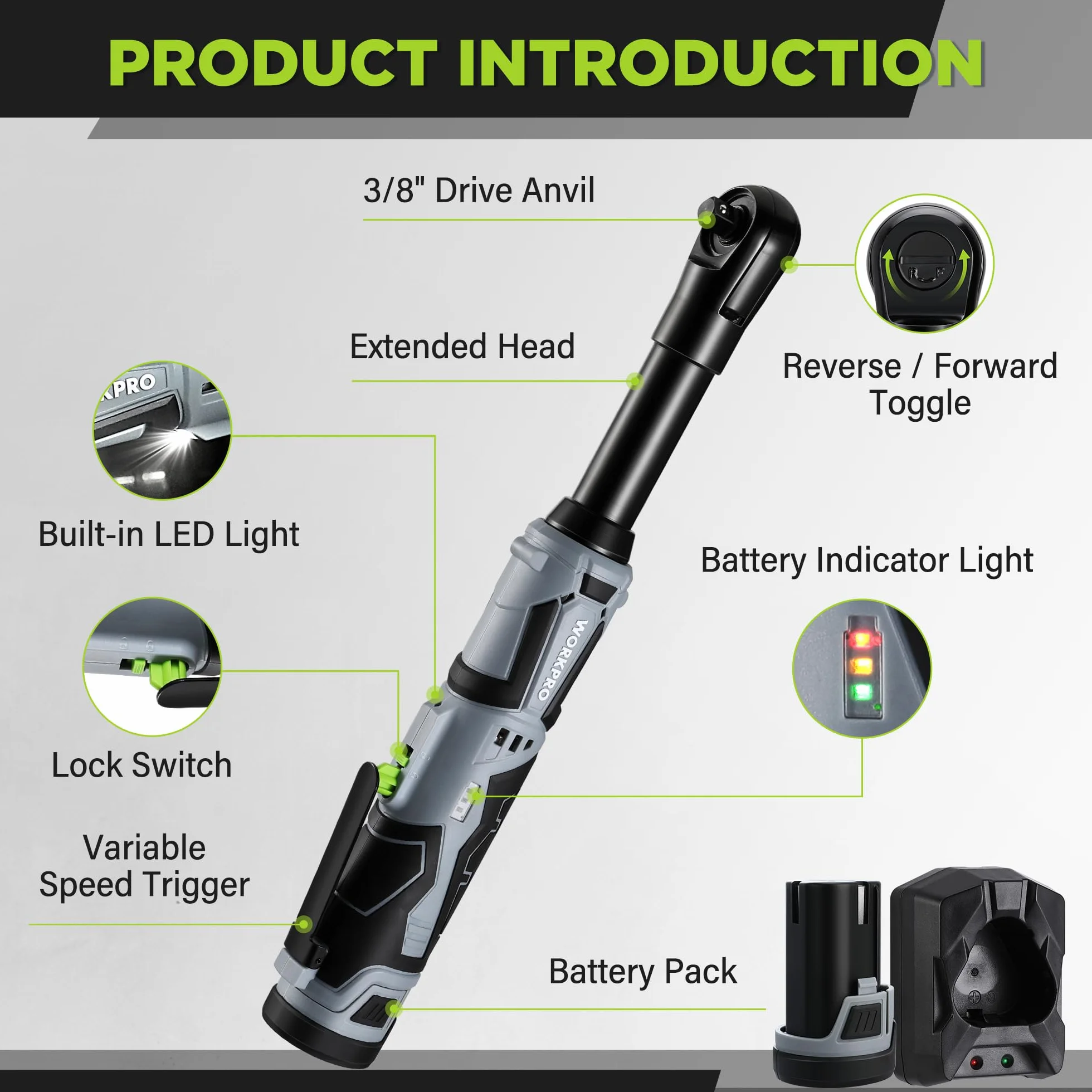 WORKPRO Chiave a Cricchetto Elettrica Senza Fili Set, Chiave a Cricchetto a Batteria 12V, 3/8", 55Nm Cricchetto a Batteria con 2 Batterie da 2,0 Ah, Luce LED, incl. 10 Prese, Custodia, Caricabatterie