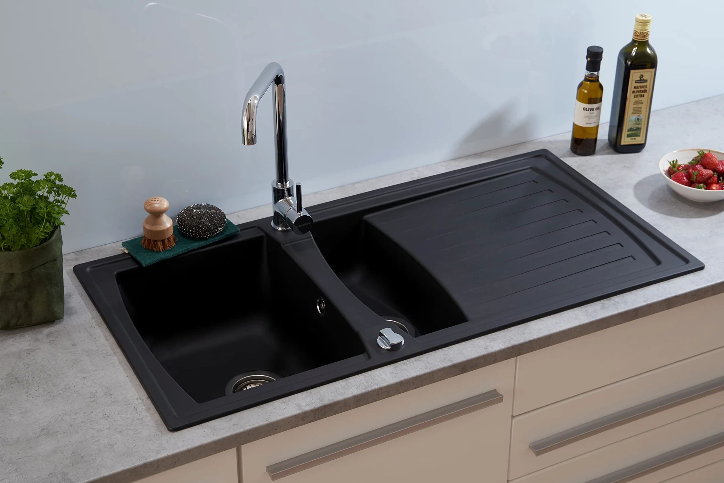 Respekta Lavello da Cucina in Mineralite Color Nero, Lavello da Incasso a 1,5 vasche, dimensioni 100 x 50 cm, Lavello Adatto per Mobili Sottolavello da 60 cm di Larghezza