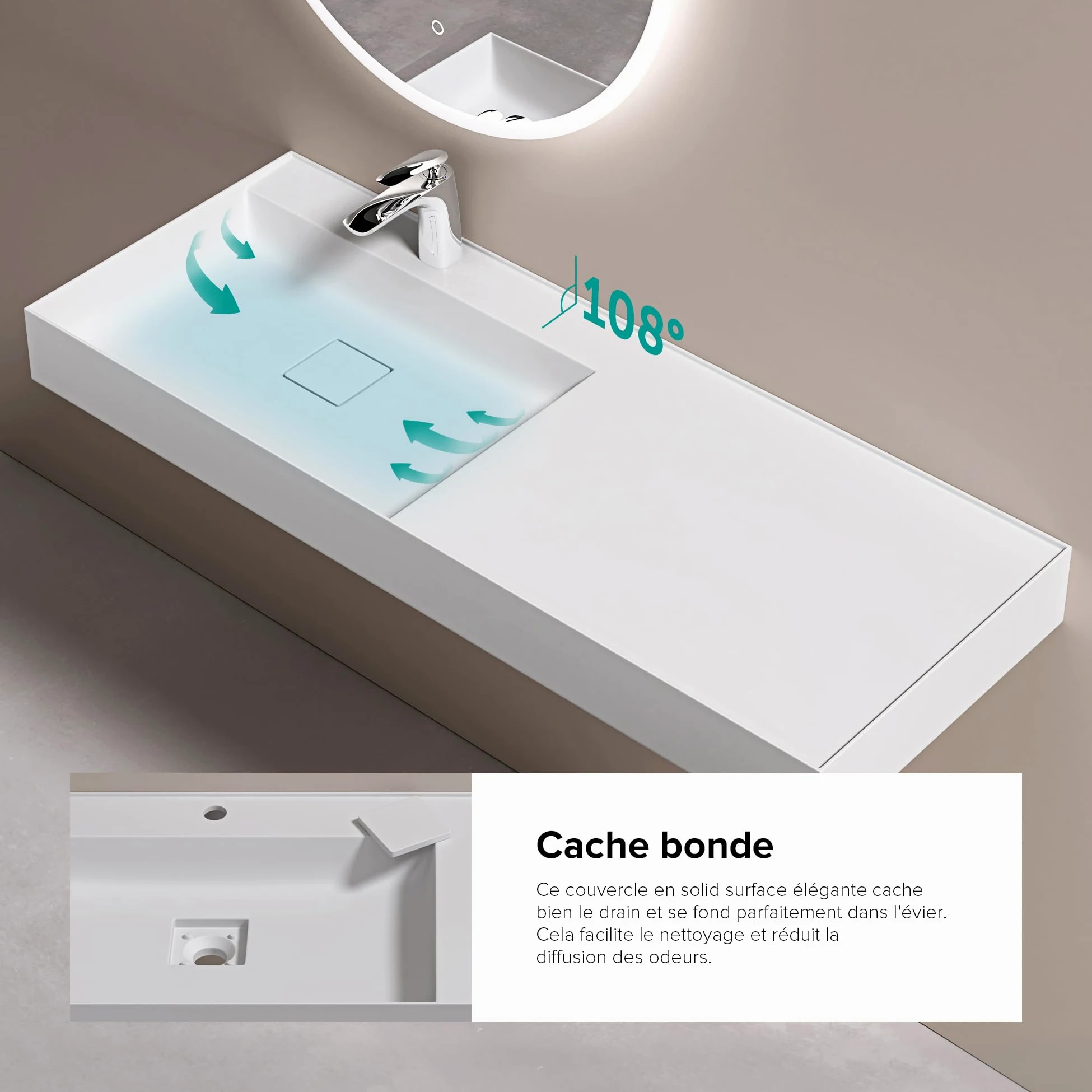 doporro Lavabo Bagno Sospeso 120 cm Rettangolare in Resina Bianco Opaco con Vasca Integrata Centrale e Piletta Inclusa – Colossum630