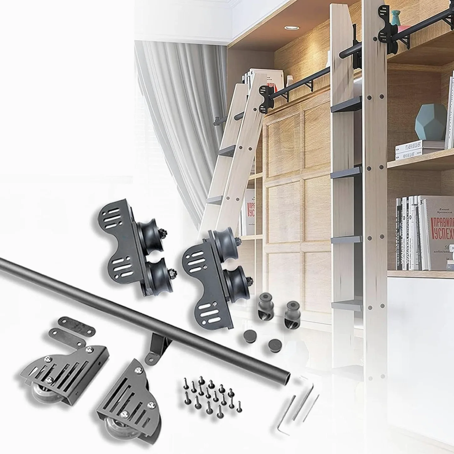 Kit Hardware per Scala Scorrevole, libreria Hardware per Scala Mobile Retrattile Binario di Scorrimento per Scala Mobile con Rullo da Pavimento in Acciaio Resistente