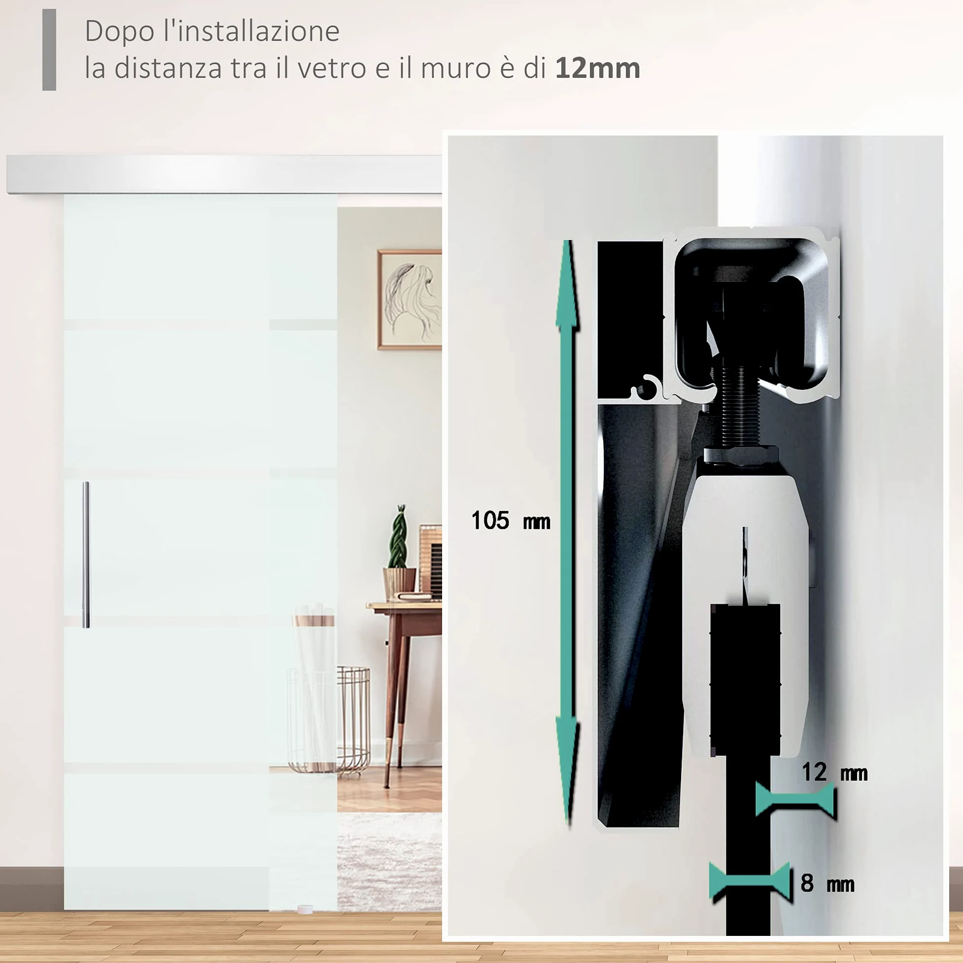 Homcom Porta Scorrevole in Vetro a Strisce con Binario in Alluminio, 75 x 210cm