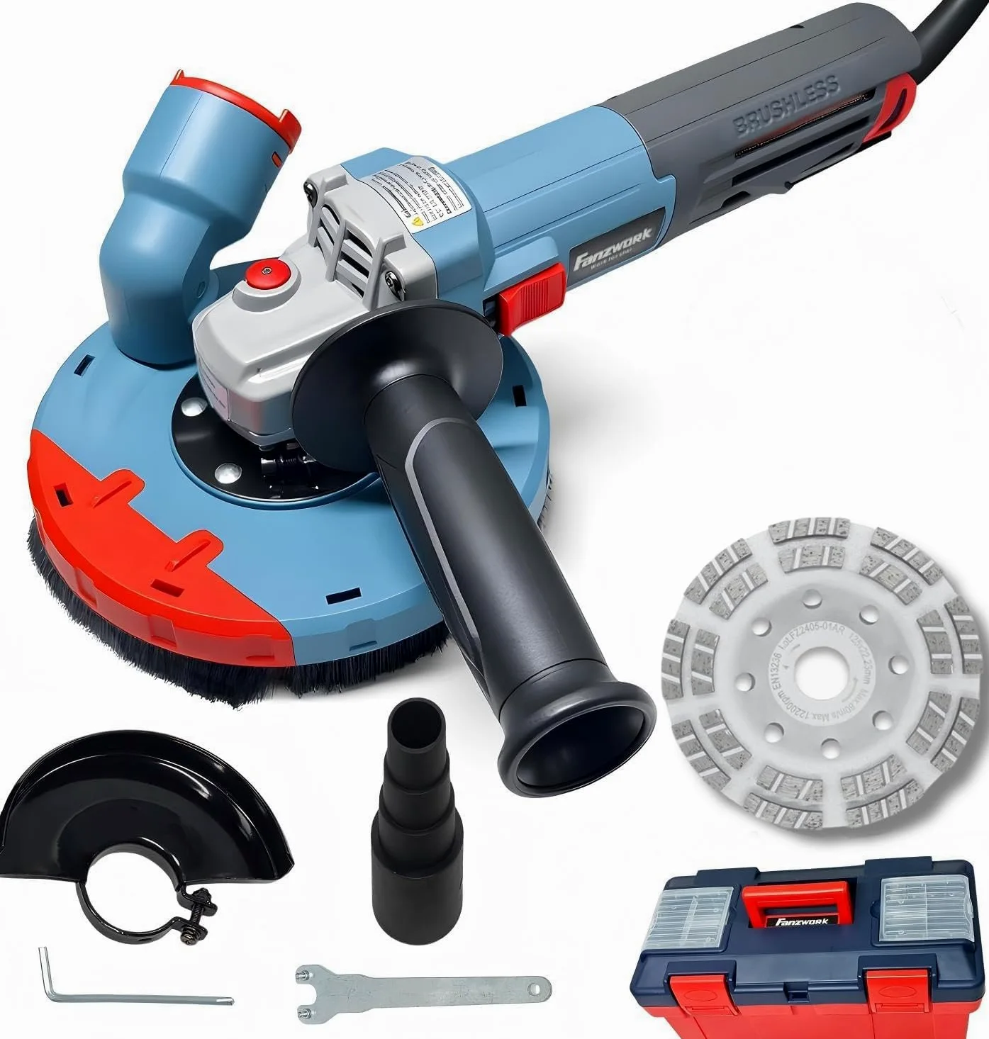 FANZWORK 1900W (MAX) Smerigliatrice per calcestruzzo con motore brushless EC, set 125 mm, cuffia aspirazione e valigetta, senza manutenzione