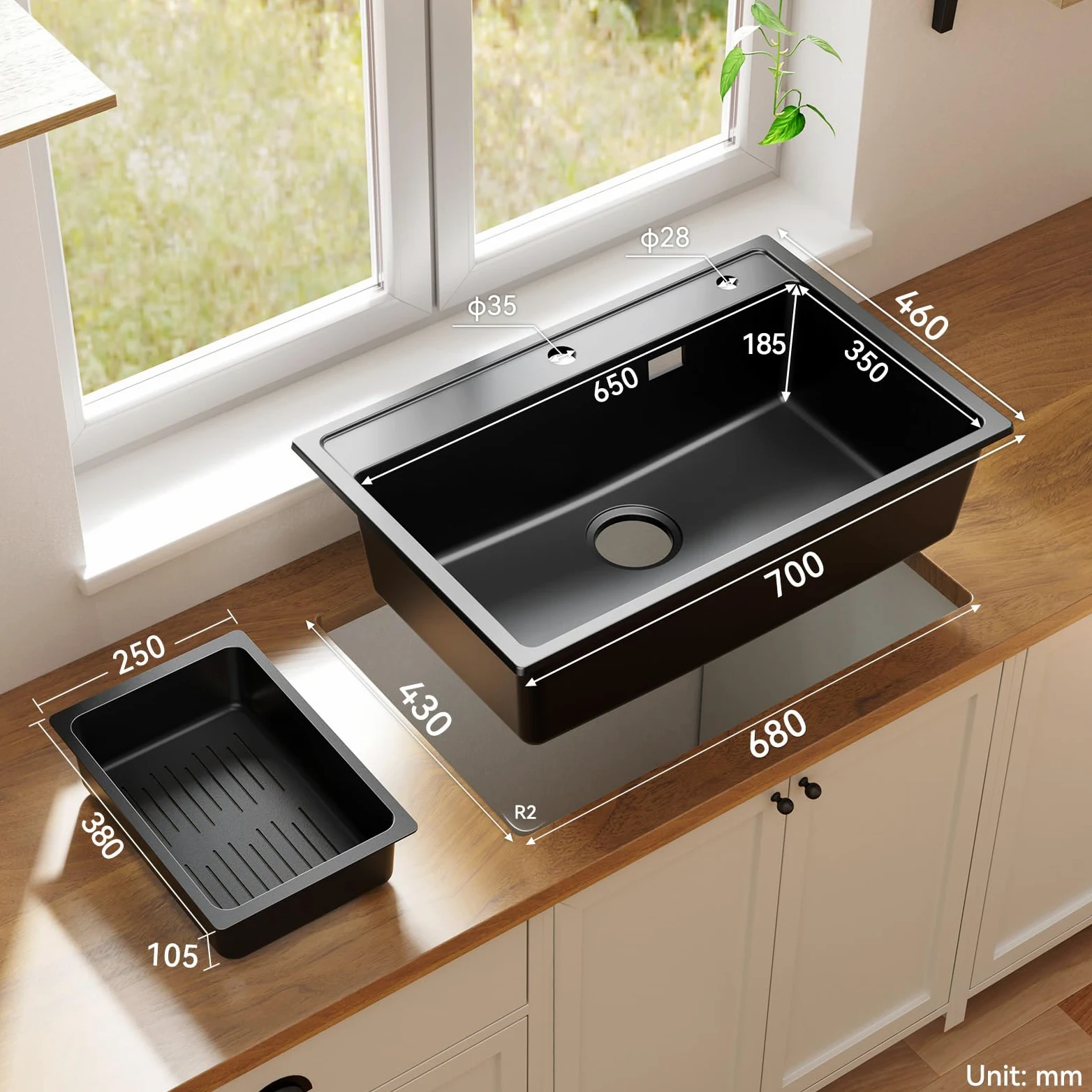 ANYCEE Lavello Cucina Nero 70x46 cm, Lavandino Cucina 1 Vasca con Cestello di Scarico, Lavello Granito per Mobile da 70 cm, Lavandino Nero di 80% Sabbia Quarzo con Sifone e Scarico