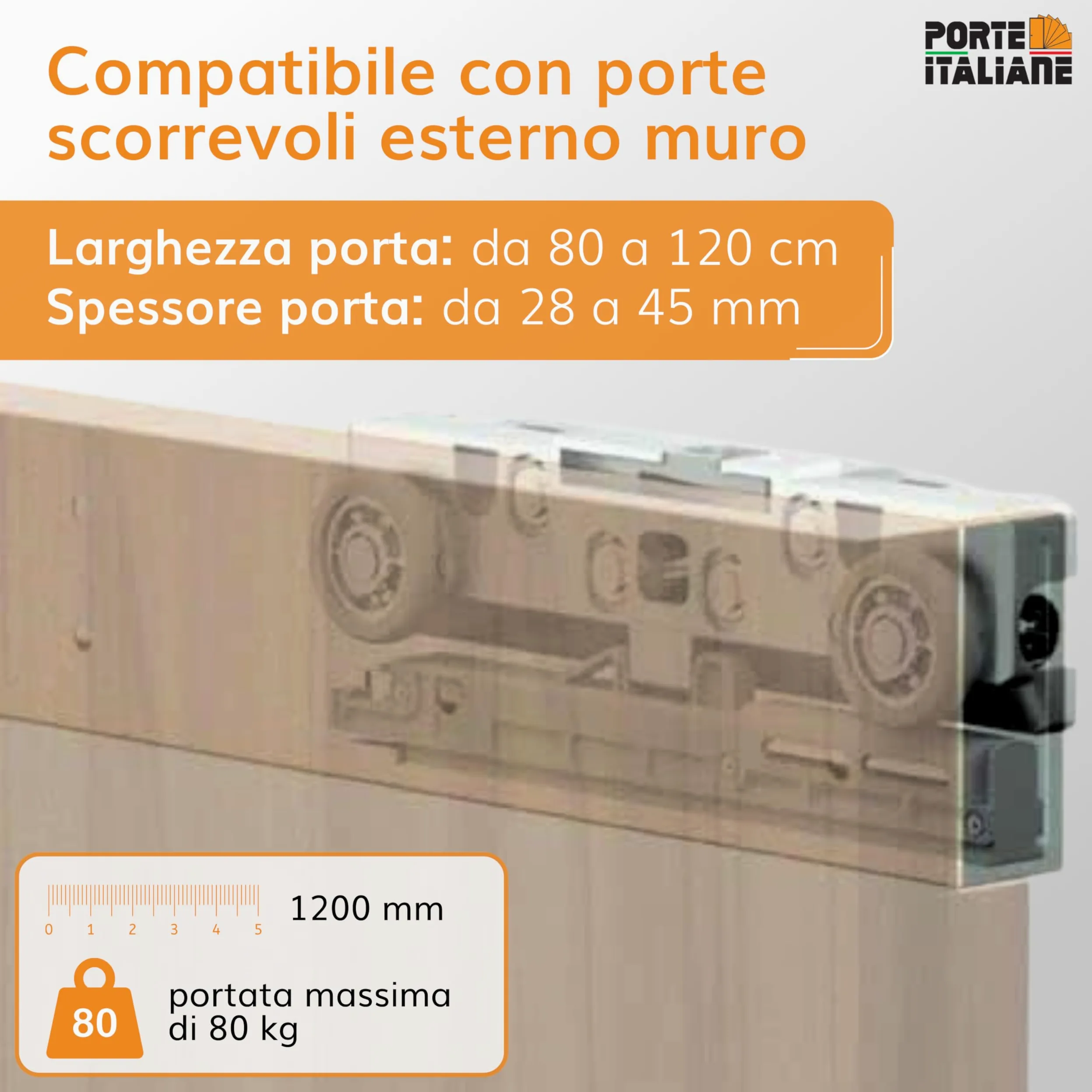 Porte Italiane, Binario Porta Scorrevole Invisibile MAGICAL 1200, per Porta Scorrevole Esterno Muro in Legno Larga da 80 cm a 120 cm, Kit con Meccanismo, Accessori e Guida
