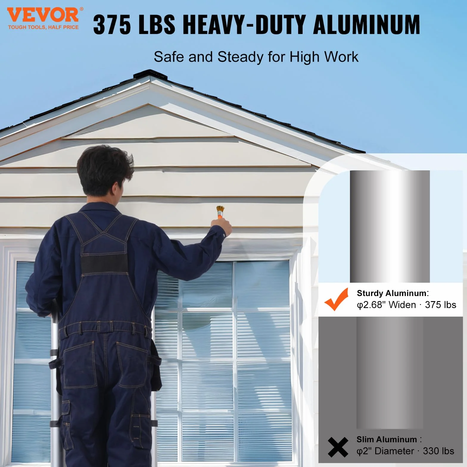 VEVOR Scala Telescopica a Forma di A da 3810 mm Scala Estensibile in Alluminio, Capacità di 170 kg Scala Pieghevole con Retrazione Multi-pulsante, con Barra Stabilizzatrice, per Camper, Roulotte