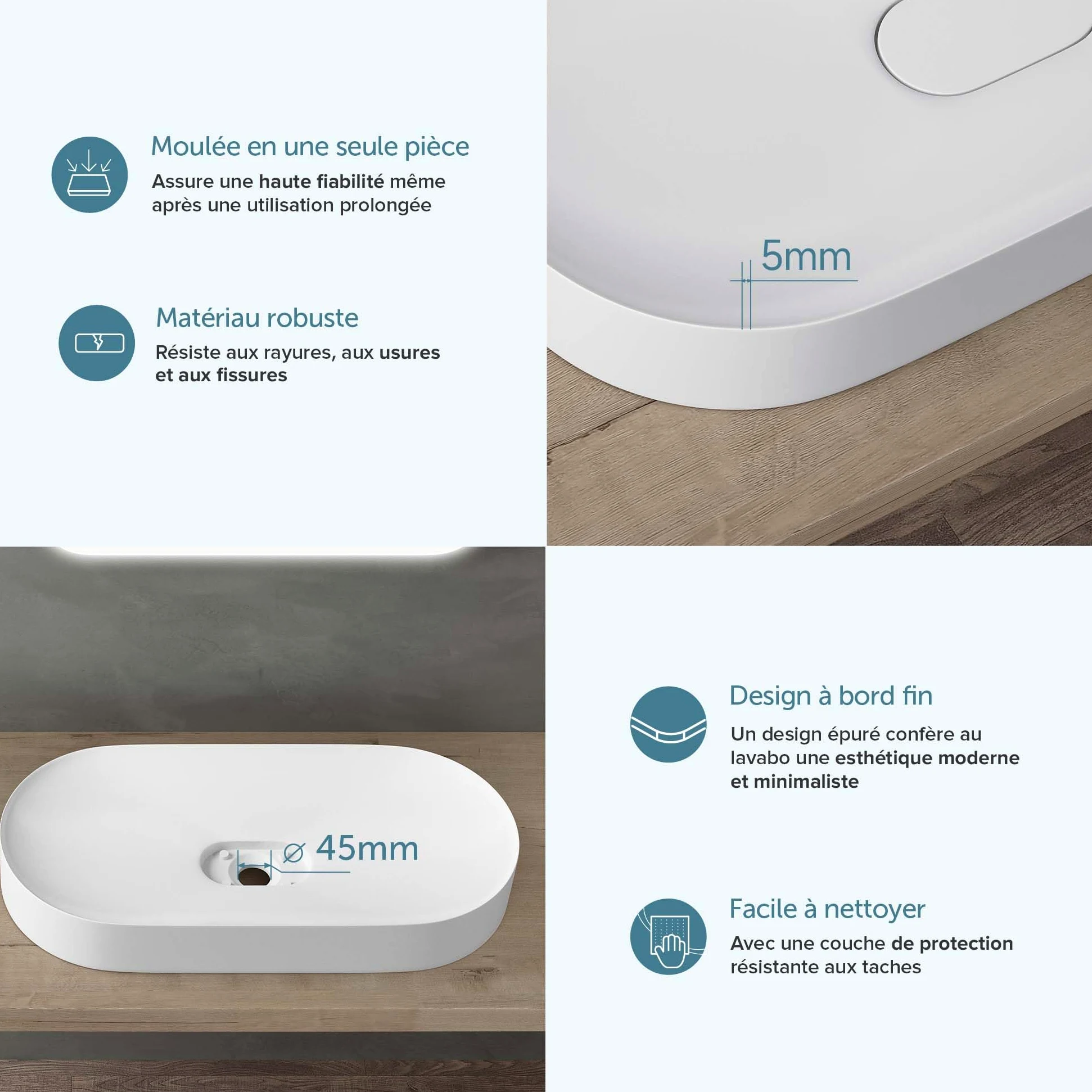 doporro Lavabo da Appoggio Lavandino Bagno 70 cm in Resina Minerale Bianco Opaco Effetto Loto, Senza Foro Rubinetto Colossum826