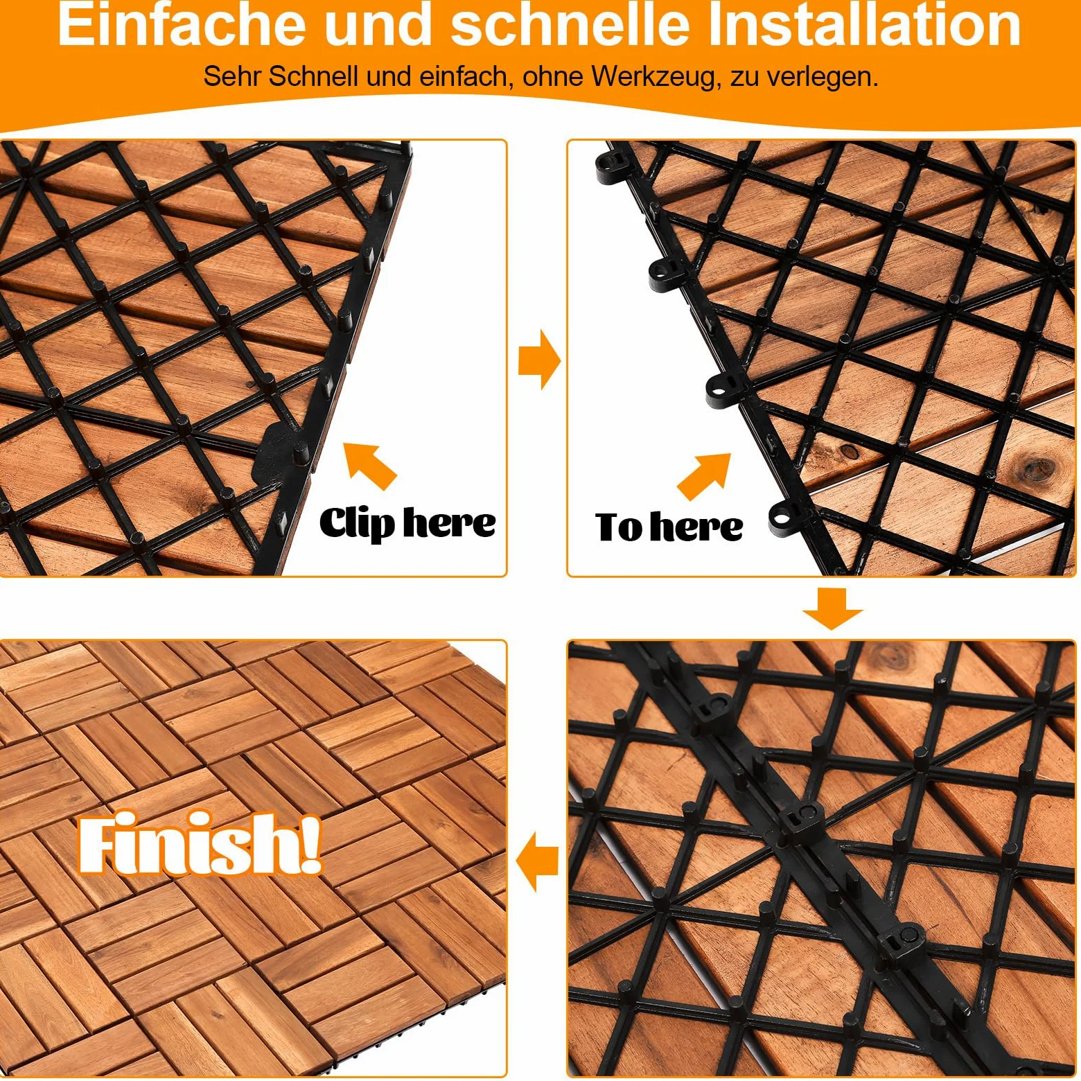 Piastrelle in legno per terrazze, 110 piastrelle per 10 m², 30 x 30 cm, piastrelle per balconi resistenti agli agenti atmosferici con sistema di drenaggio, in legno di acacia con sistema di