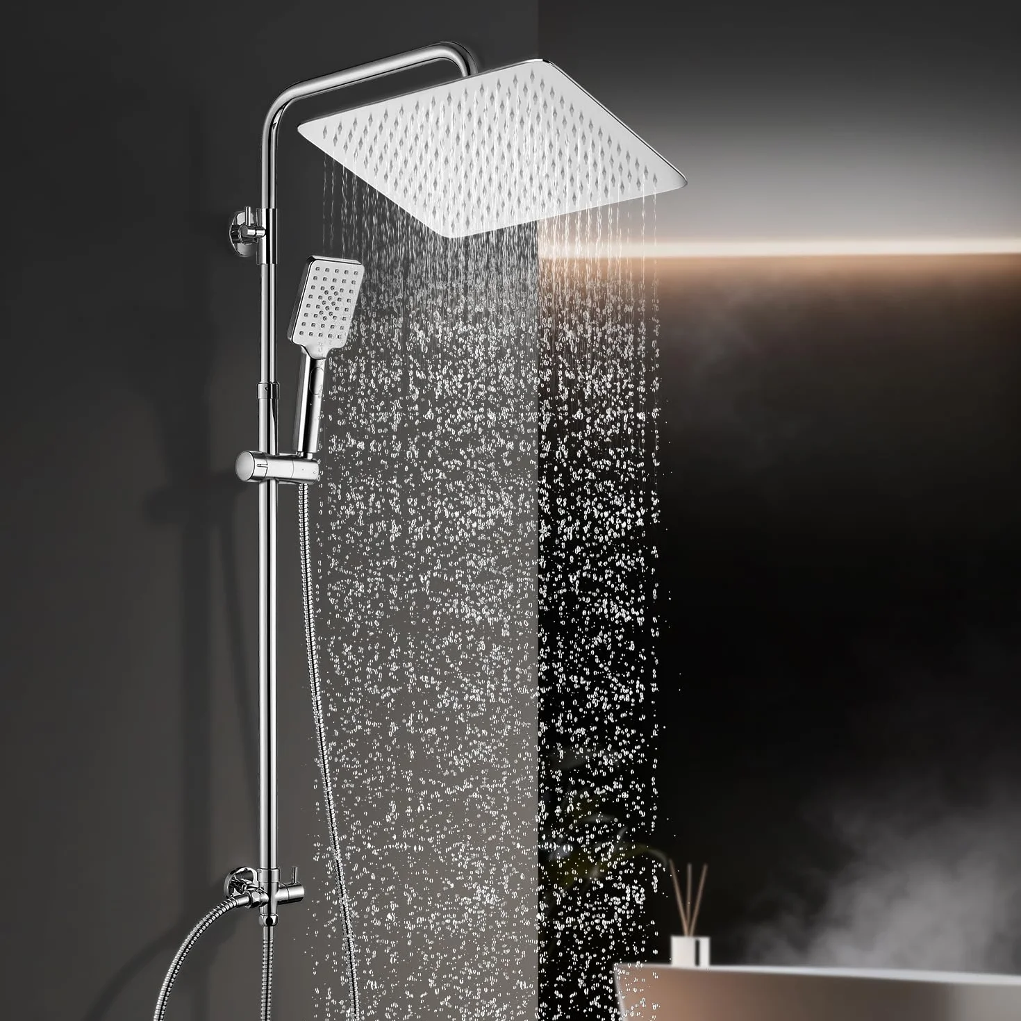 Görbach Colonna Doccia senza Miscelatore, Colonna Doccia Acciaio Inox con Saliscendi Doccia Altezza Regolabile 74-114cm, Set Doccia a Pioggia con Doccetta e Mensola, Soffione 30x30cm, Cromo