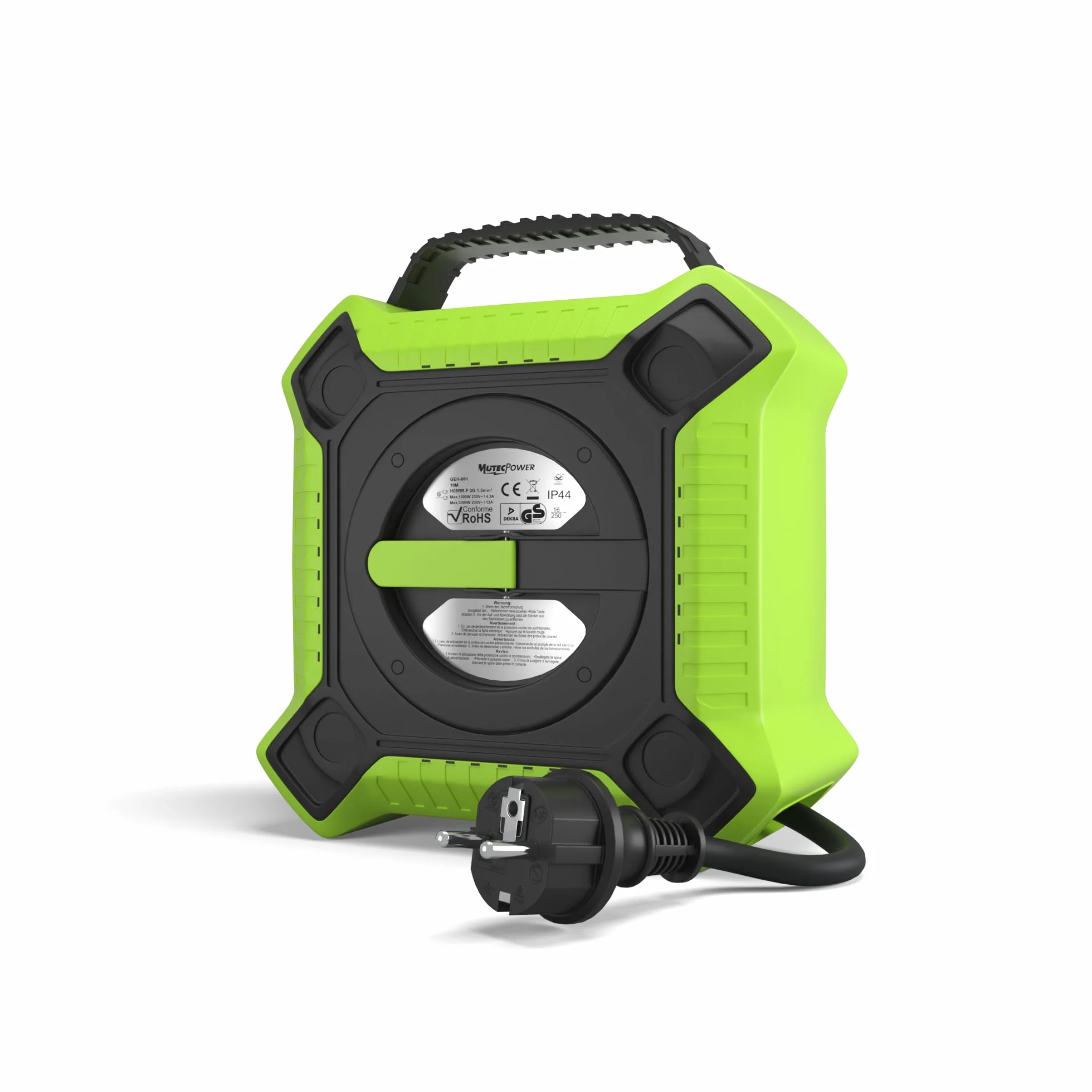 MutecPower Prolunga elettrica 15 metri IP44 Avvolgicavo elettrico SCHUKO con 4 prese di corrente protette per uso esterno, Prolunga avvolgibile 15 metri da esterno H05RR-F 3G1,5 Nero/Verde