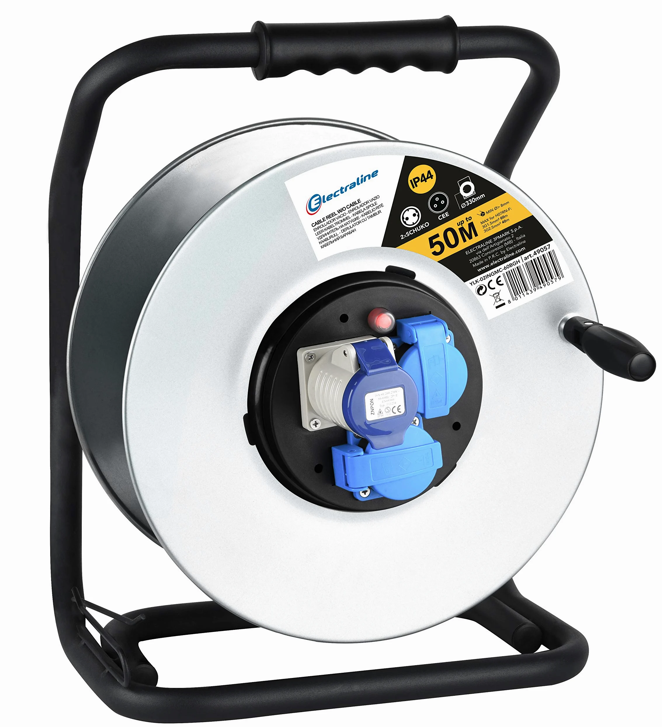 Electraline 49057 Avvolgicavo, Avvolgi-Prolunghe senza cavo in metallo antiruggine per uso Professionale, Con 2 prese Schuko + 1 industriale IEC. Maniglia eronomica + Pomello rotante