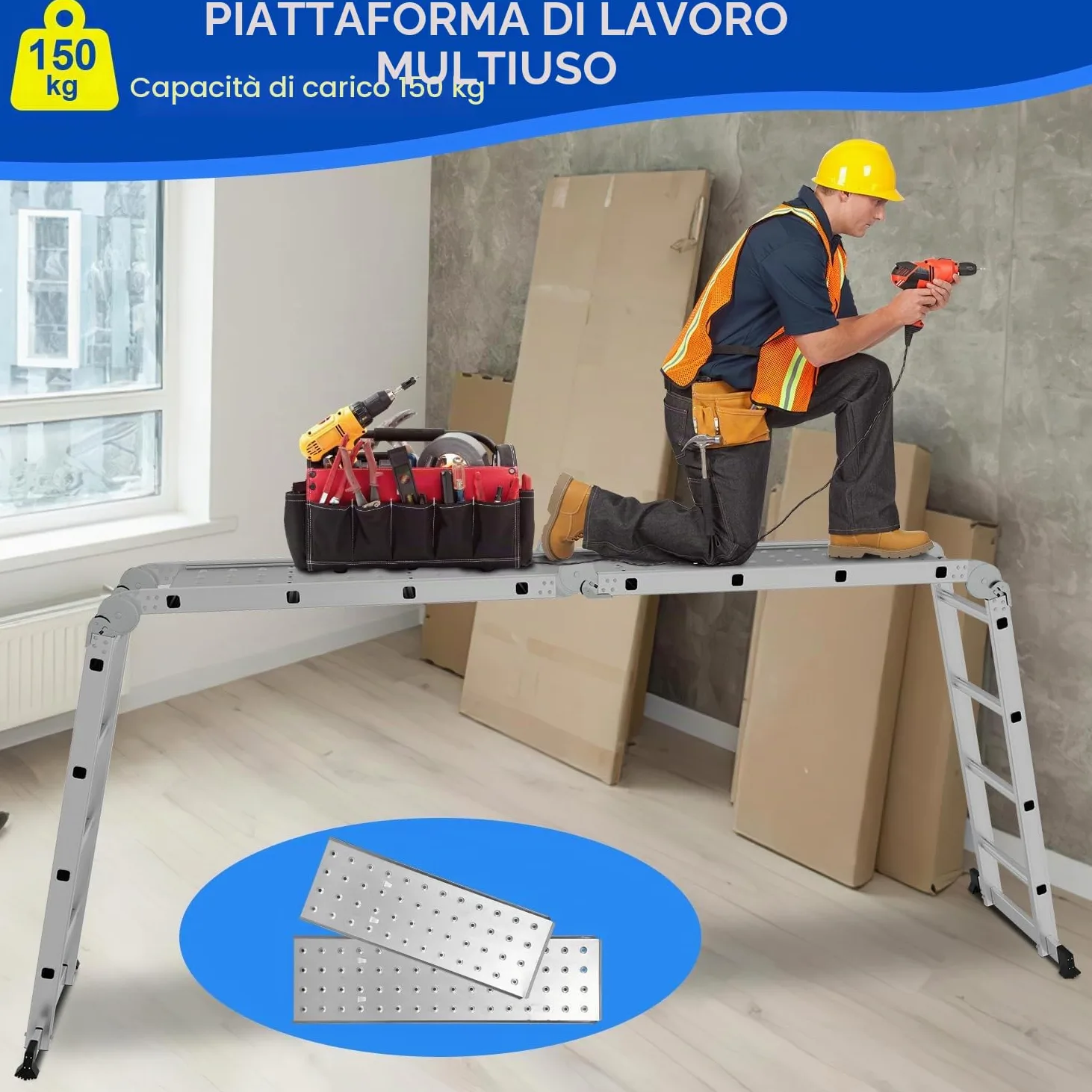 Sonnewelt Scala Multiuso in Alluminio 4x5 Gradini - 5,8 m Con Piattaforma e 2 Ponteggi - Pieghevole, 20 Gradini, Fino a 150 kg, Argento