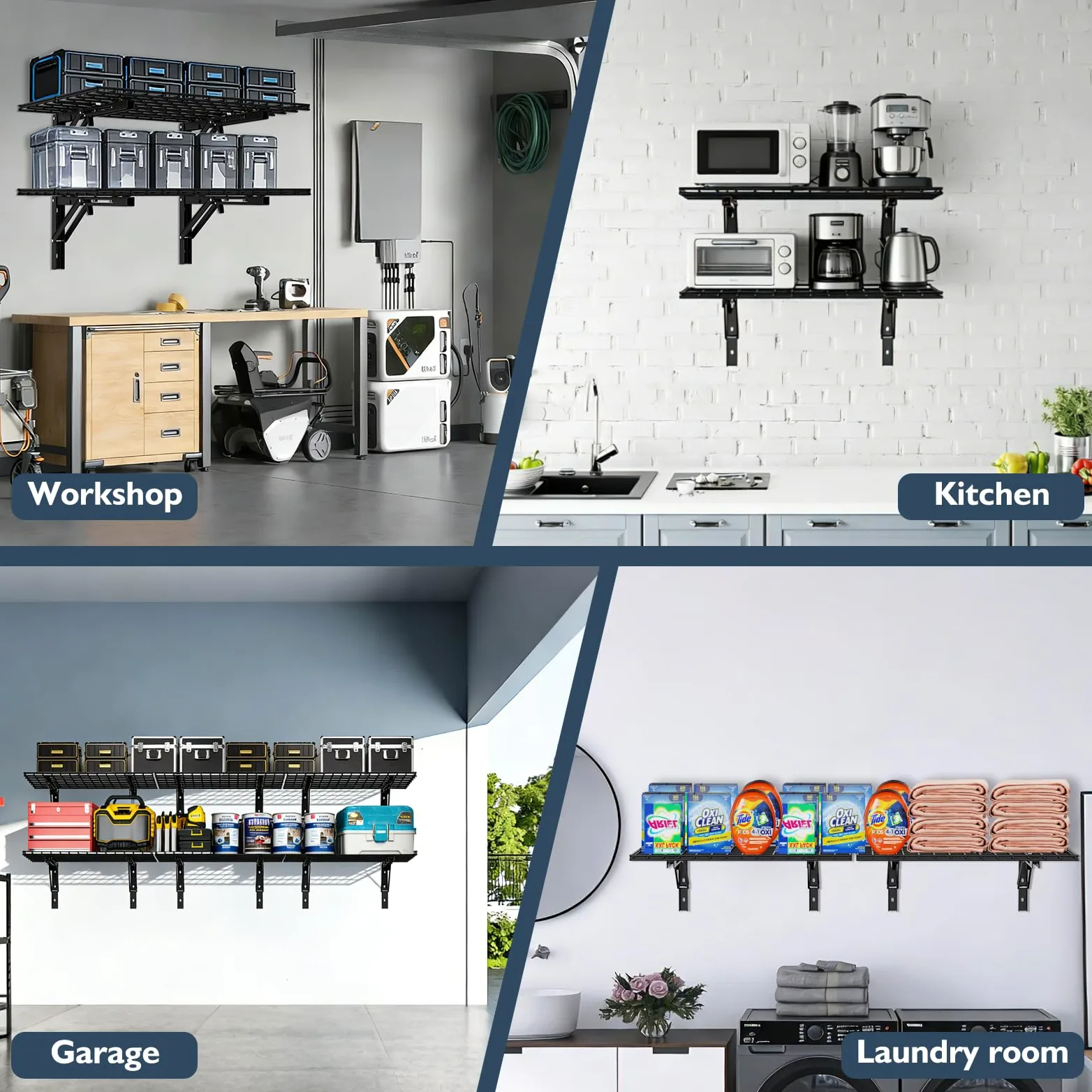 AIRAJ Scaffale da garage pieghevole 182 x 60 cm (2 x 6 FT), 2 pezzi, scaffalature da parete in metallo, portata 726 kg, per garage, officina, giardino, magazzino, colore nero