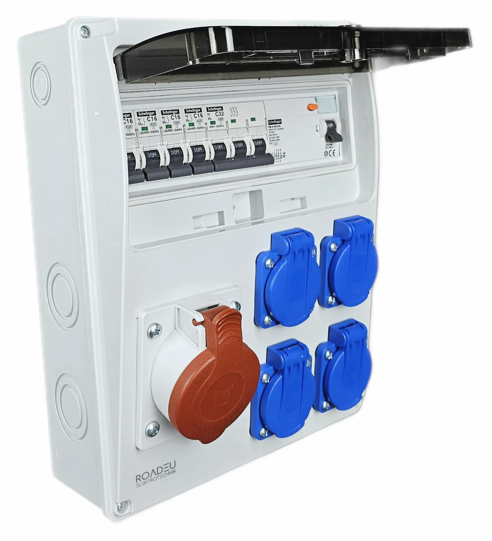 RoadEu- Quadro Elettrico di Distribuzione Industriale, presa CEE 32A con 4 prese Schuko da 230 V. Distributore di presa con interruttore di corrente residuale e interruttore automatico