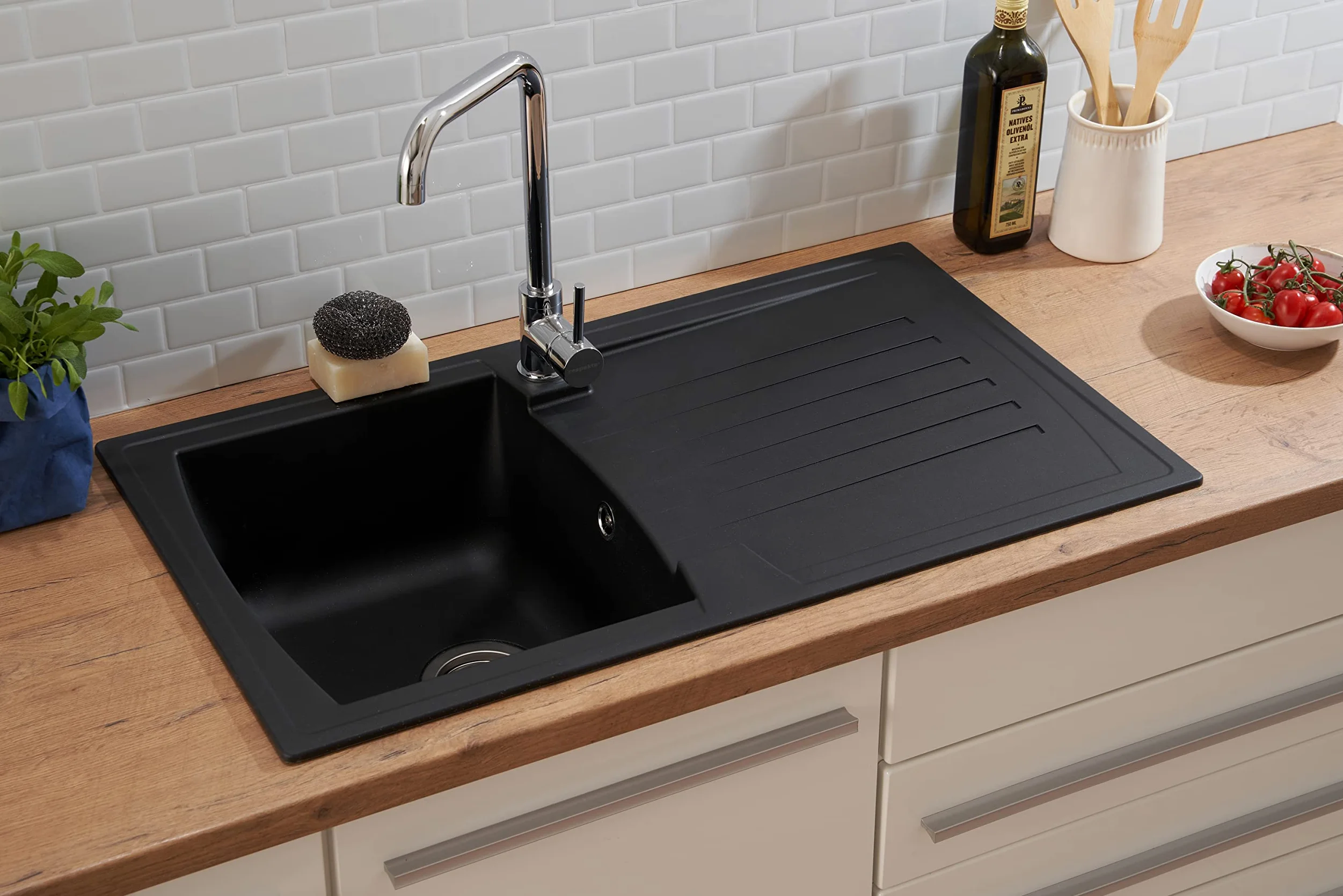 Respekta Lavello da Cucina in Mineralite Color Nero, Lavello da Incasso con 1 vasca, dimensioni 86 x 50 cm, Lavello Adatto per Mobili Sottolavello da 45 cm di Larghezza