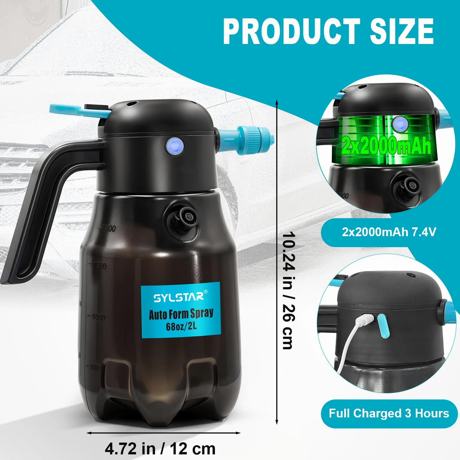 SYLSTAR Pompa Irroratrice a Batteria 2L, 4,2 Bar Spruzzatore a Pressione Ricaricabile con 2 Ugelli, Spruzzatore a Batteria Spruzzatore Schiuma per Lavaggio Auto, Autopressurizzazione