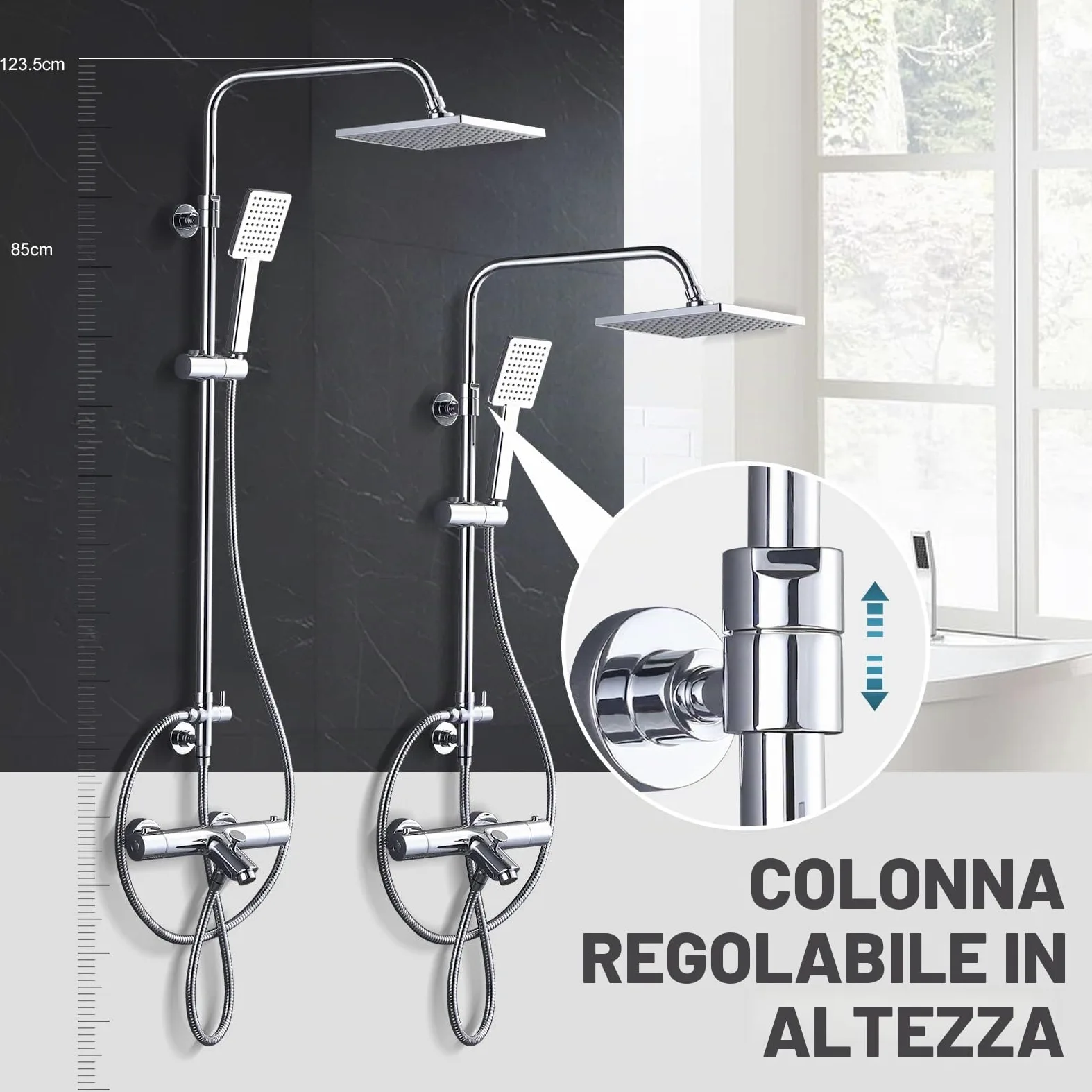 ARCORA Set Doccia Termostatico Completo, Sistema Doccia, Rame e Acciaio Inox, Miscelatore Vasca Doccia Termostatico 38℃, 3 Modalità di Erogazione, Cambio Facile Doccia-Vasca, Cromato