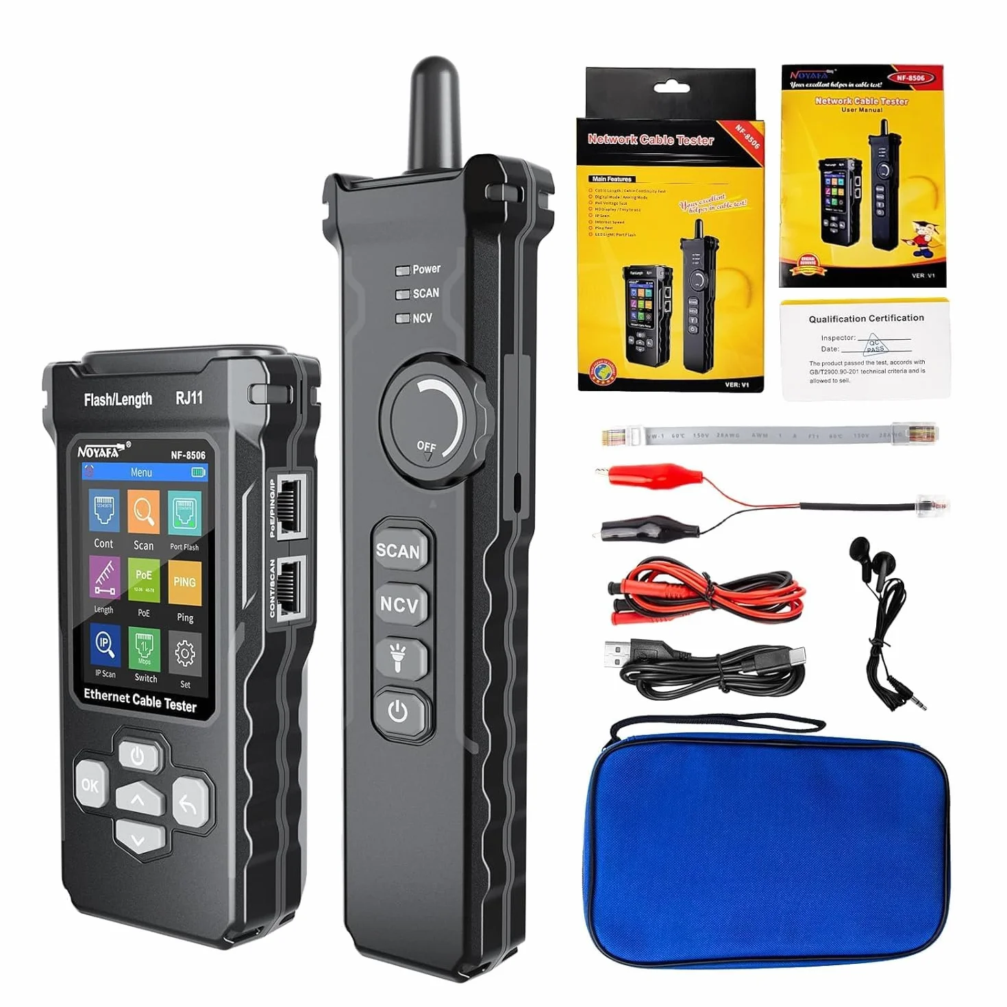 NOYAFA Tester di rete con scansione IP, test PING e switch rate, mappatura dei cavi di rete TDR, tester per cavi Ethernet RJ11 RJ45 per test PoE Cat5/Cat6, NF-8506