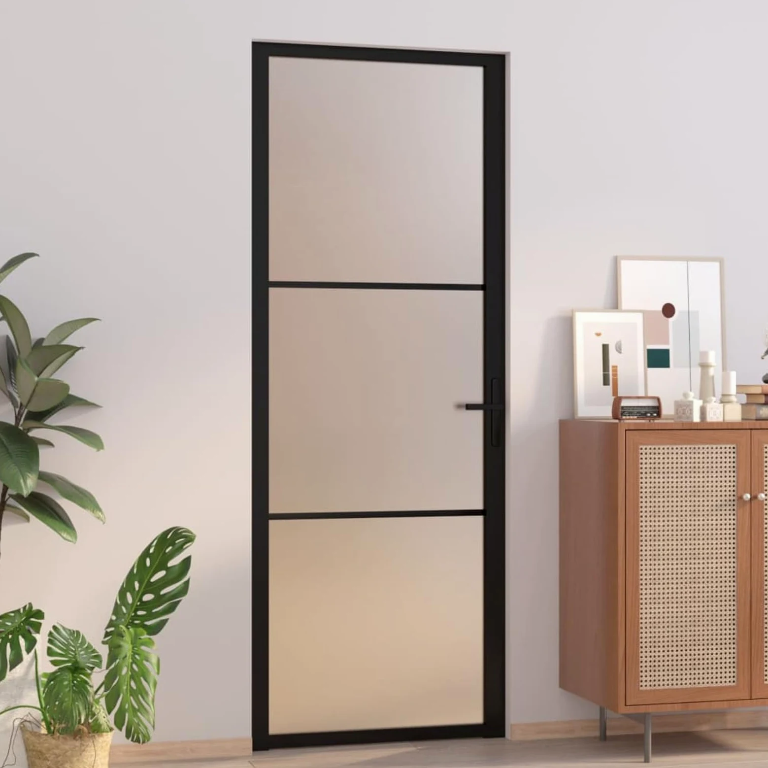 IKAYAA Porta Interna in Vetro e Alluminio Battente - Nero e Ghiaccio - 76 x 201.5 cm - Tipo 2