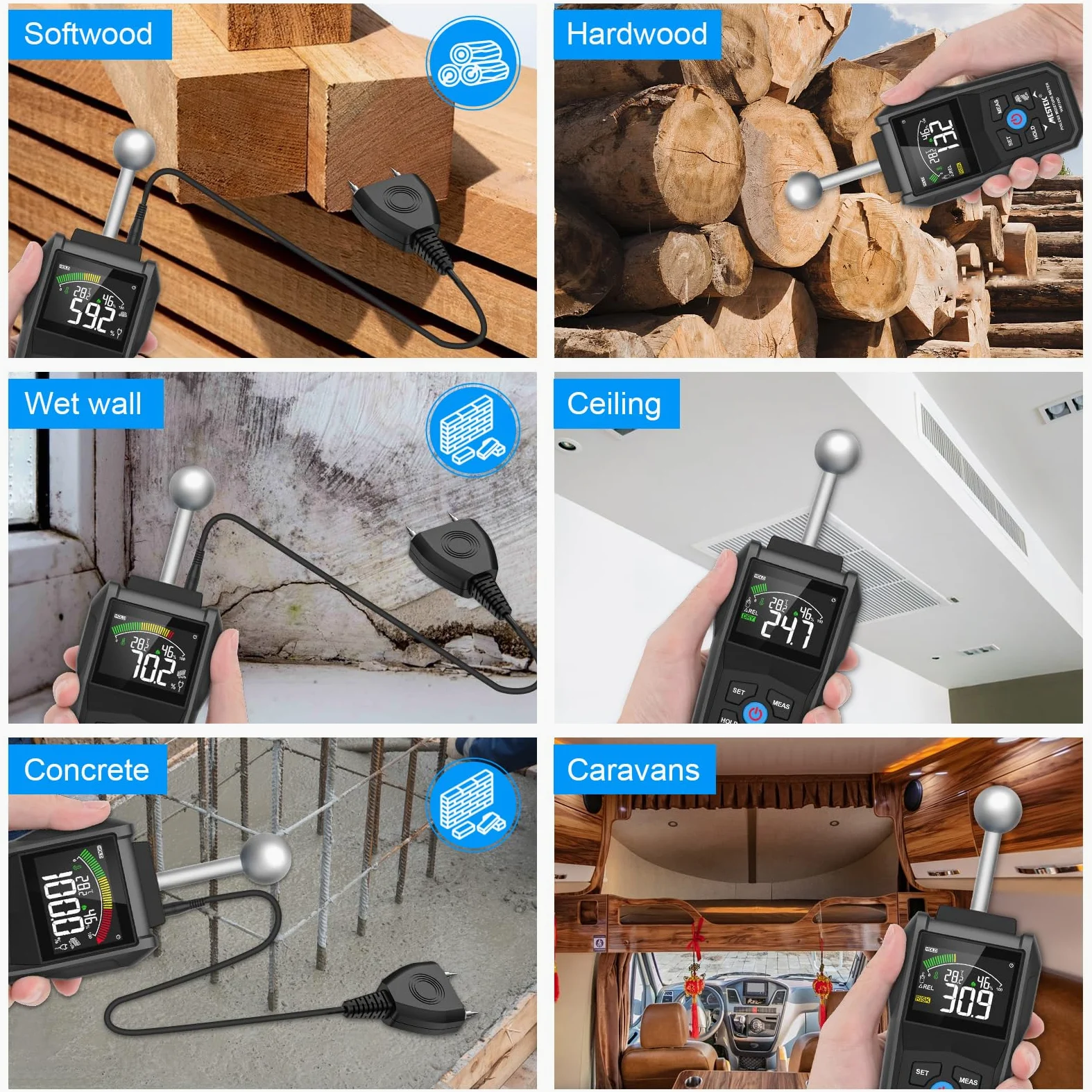 Misuratore di Umidità, MESTEK Igrometro,2 in 1 Misuratore Umidità Muri con LCD a Colori e Allarme Acustico, Profondità di Analisi 20-40 mm,per Legni, Parete, Pavimenti, Legno, Gesso