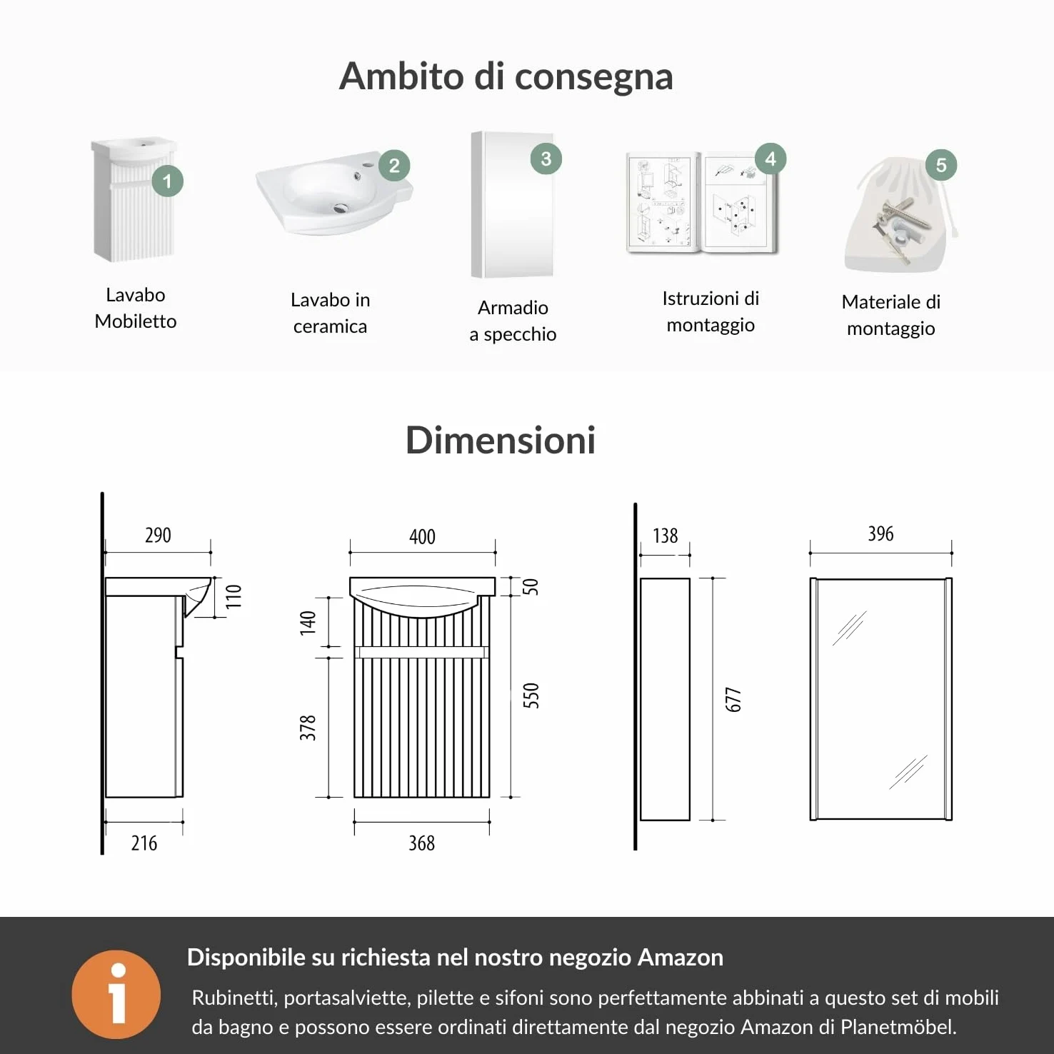 Planetmöbel Lavabo con mobiletto, 40 cm, con lavabo in ceramica e armadietto a specchio, set di mobili da bagno, bianco opaco