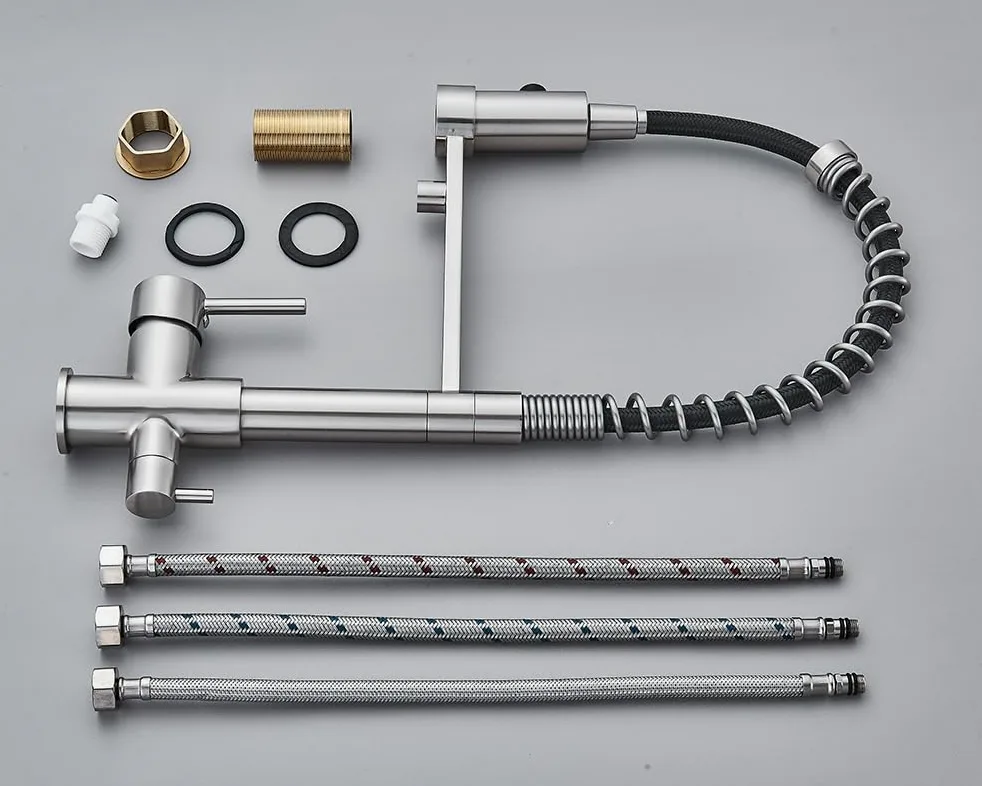 Rubinetto da cucina a 3 vie SOLID SPRING con doccetta estraibile, cavo separato per filtro dell'acqua, beccuccio girevole a 360°, rubinetto a molla in ottone, montaggio monoforo (acciaio inossidabile)