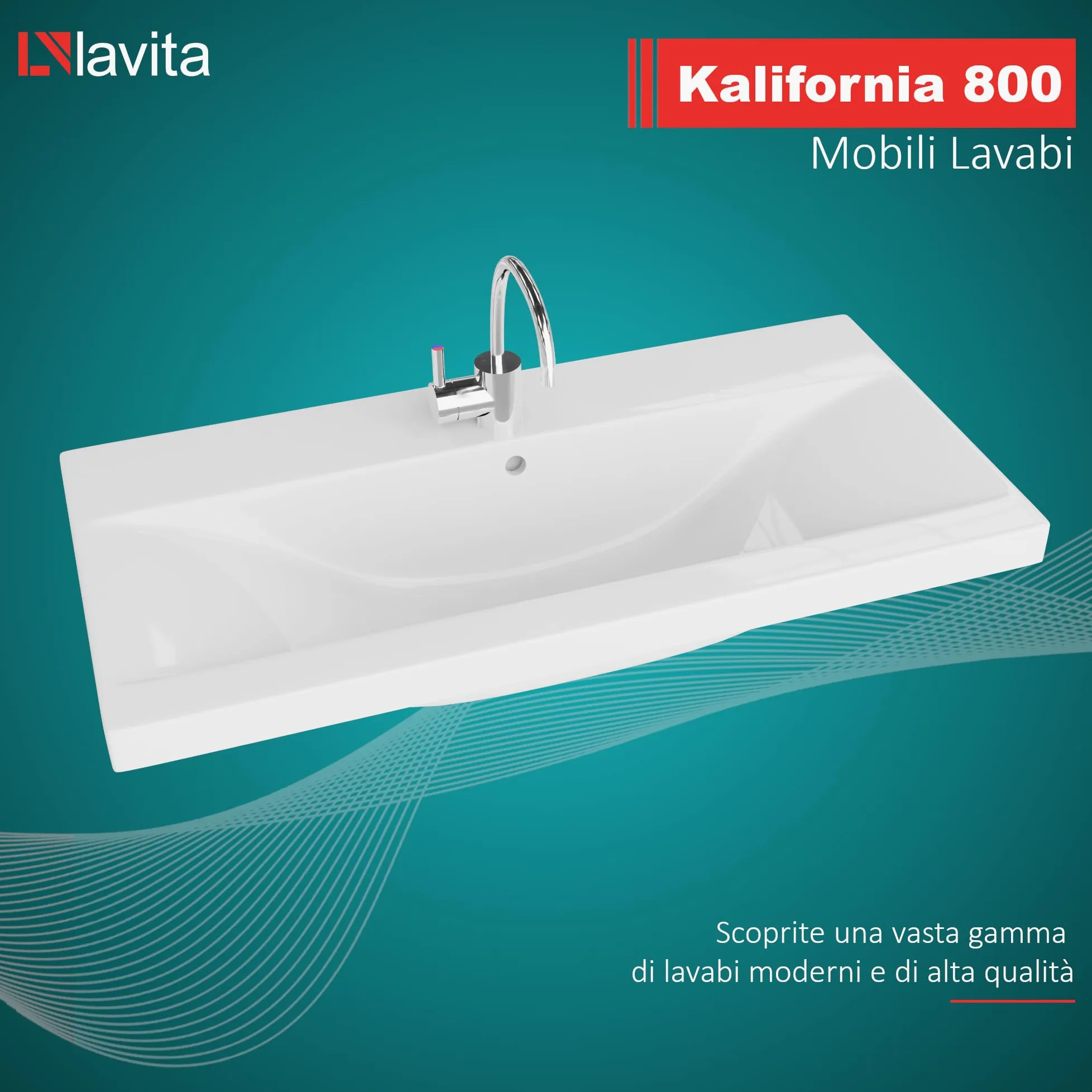 LAVITA Lavabo per mobili California 800 con troppopieno e foro per rubinetto, in porcellana di alta qualità, 81 x 39 x 17 cm, bianco lucido