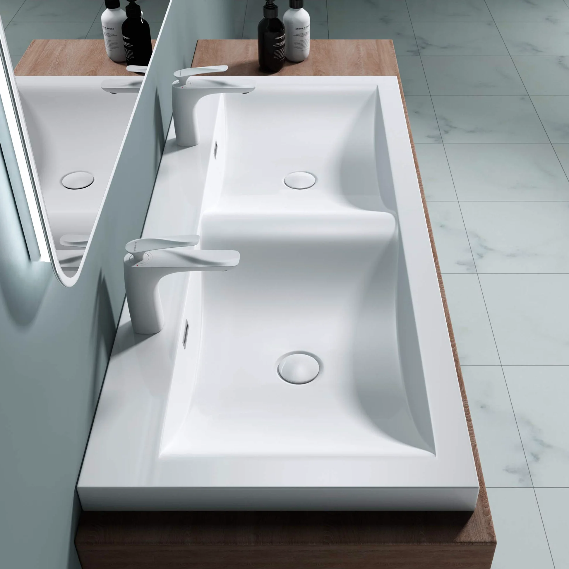 doporro Lavabo da Incasso 120 cm Doppia Vasca in Marmoresina Bianco Lucido, Lavabo Bagno Integrale Soprapiano con 2 Fori Rubinetto e Troppopieno Colossum03