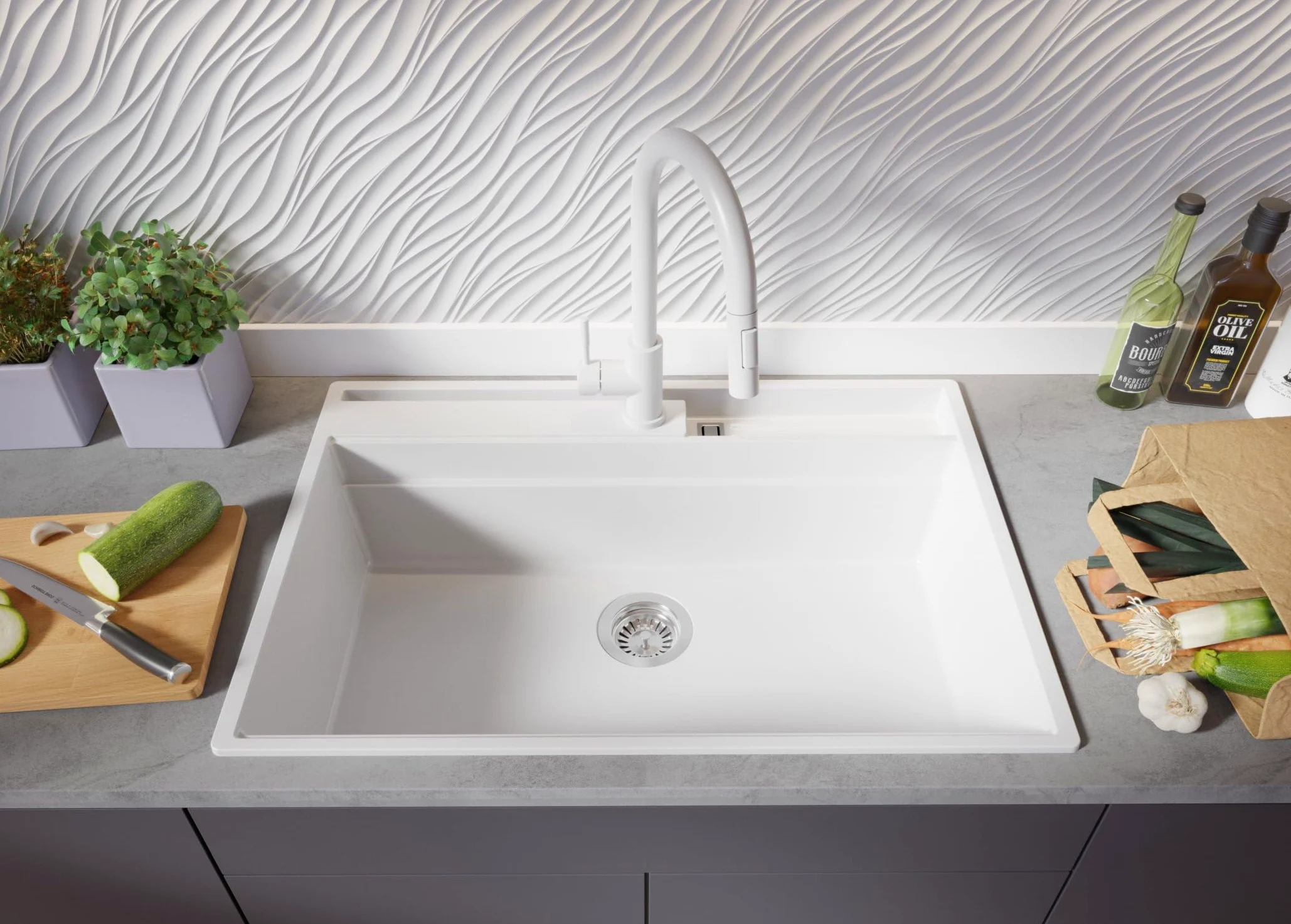 PRIMAGRAN Lavello da Cucina Bianco 78x53cm, Lavandino in Granito a 1 vasca + Sifone Classico, Lavabo da Cucina Incasso al Mobile 80cm - Oslo Pocket S336