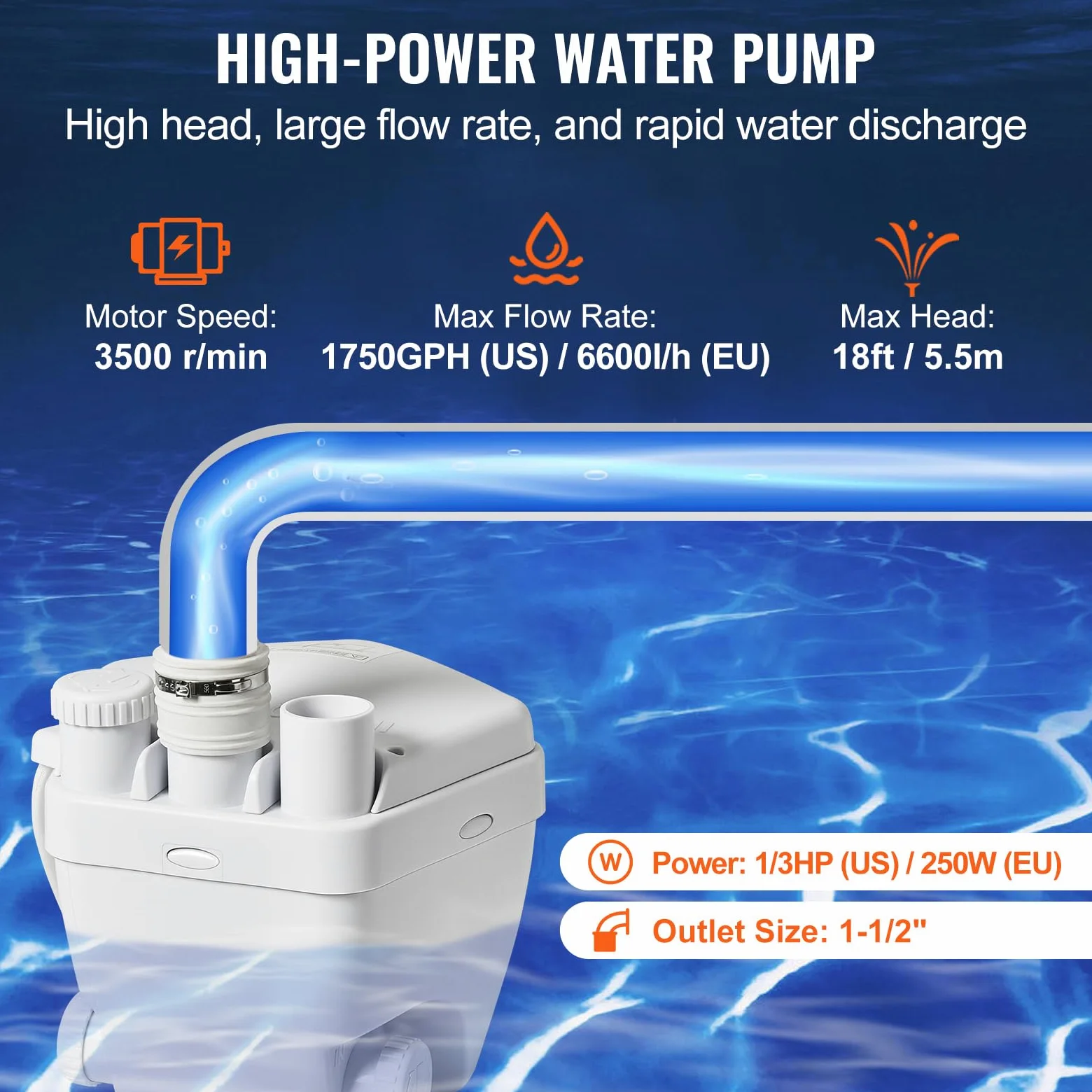VEVOR Pompa per Lavandino 250 W, Sistema di Pompa per Scarico per Lavandino Sotto Lavandino, Portata 6600L/h 5,5 m, Motore in Filo di Rame, Pompa Sotto Lavandino Scarico 3 Uscite, 8 cm, Bianco