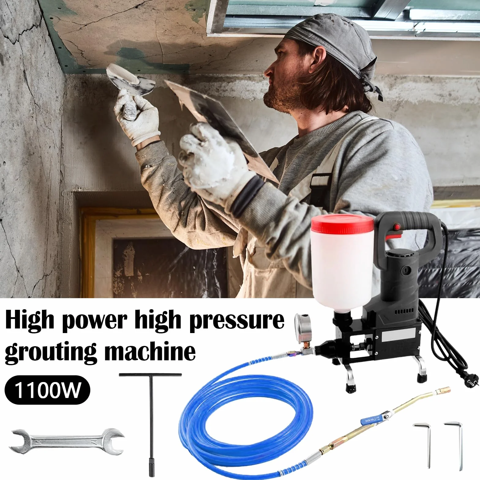 Macchina Per Iniezione Ad Alta Pressione, 1100W 2L Macchina Giunzioni Pavimenti Pompa Iniezione Ad Alta Pressione Macchina Per Perfusione A Iniezione Con Manometro Utilizzata Per Riparare Case Edifici