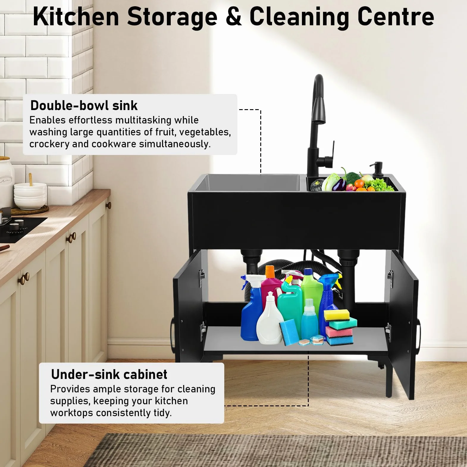 Lavello da cucina indipendente con mobile sottostante e rubinetto estraibile, lavandino in acciaio inox con cestello sgocciolante, 75x41x78cm. Lavello con mobile sottostante, lavabo per ristoranti