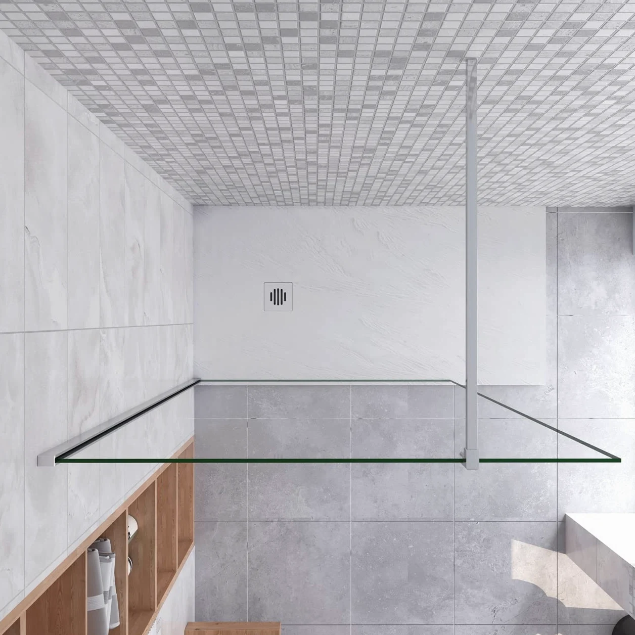 Parete Fissa Doccia Walk In 110x200 cm Vetro Temperato Trasparente Anticalcare 10 mm Con Barra Stabilizzatrice da 90 cm tagliabile
