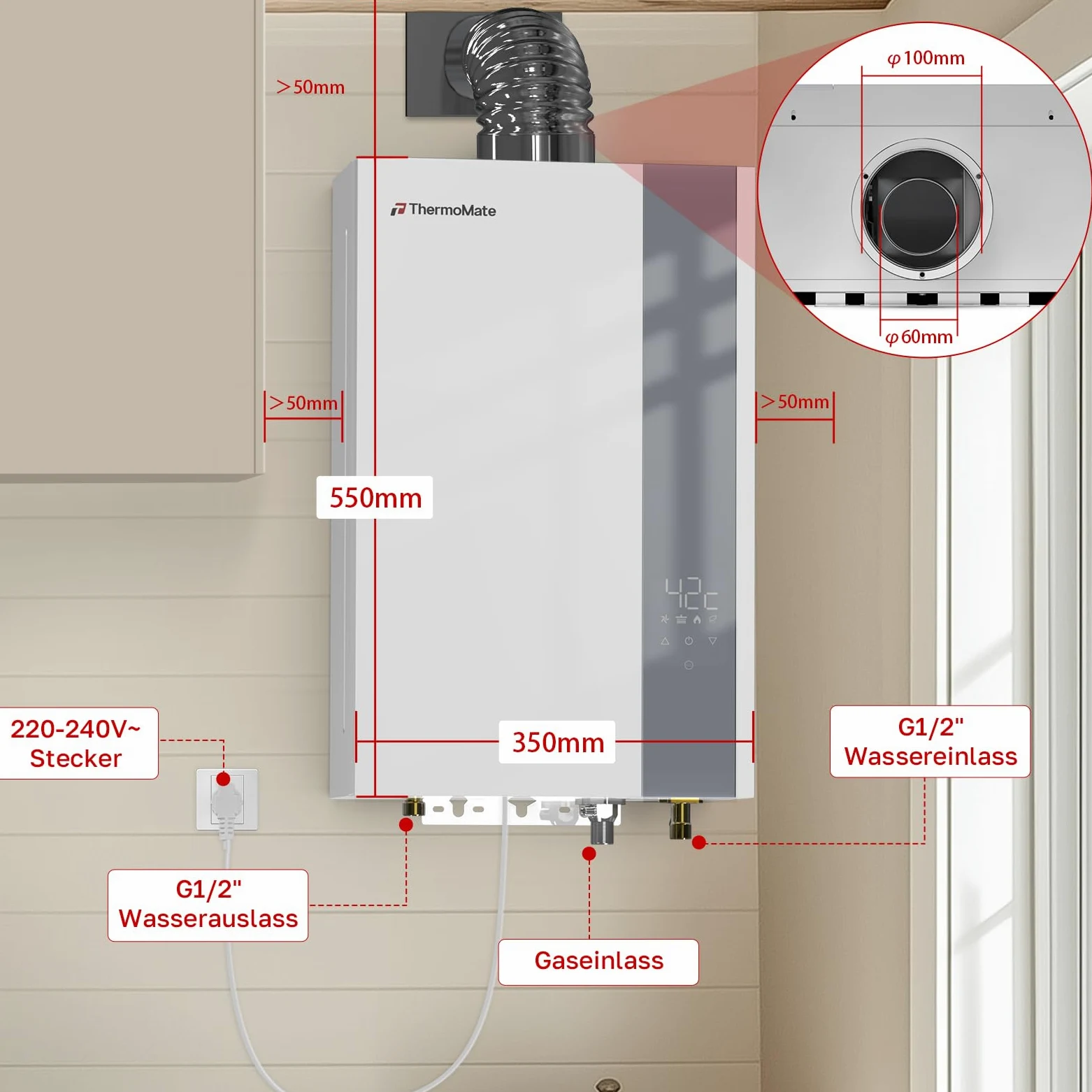 ThermoMate Scaldacqua a gas ECO a Camera Stagna 12 litri, ErP/basso NOx Indoor Scaldabagno a gas naturale, 20mbar, scaldacqua a gas per cucine e bagni