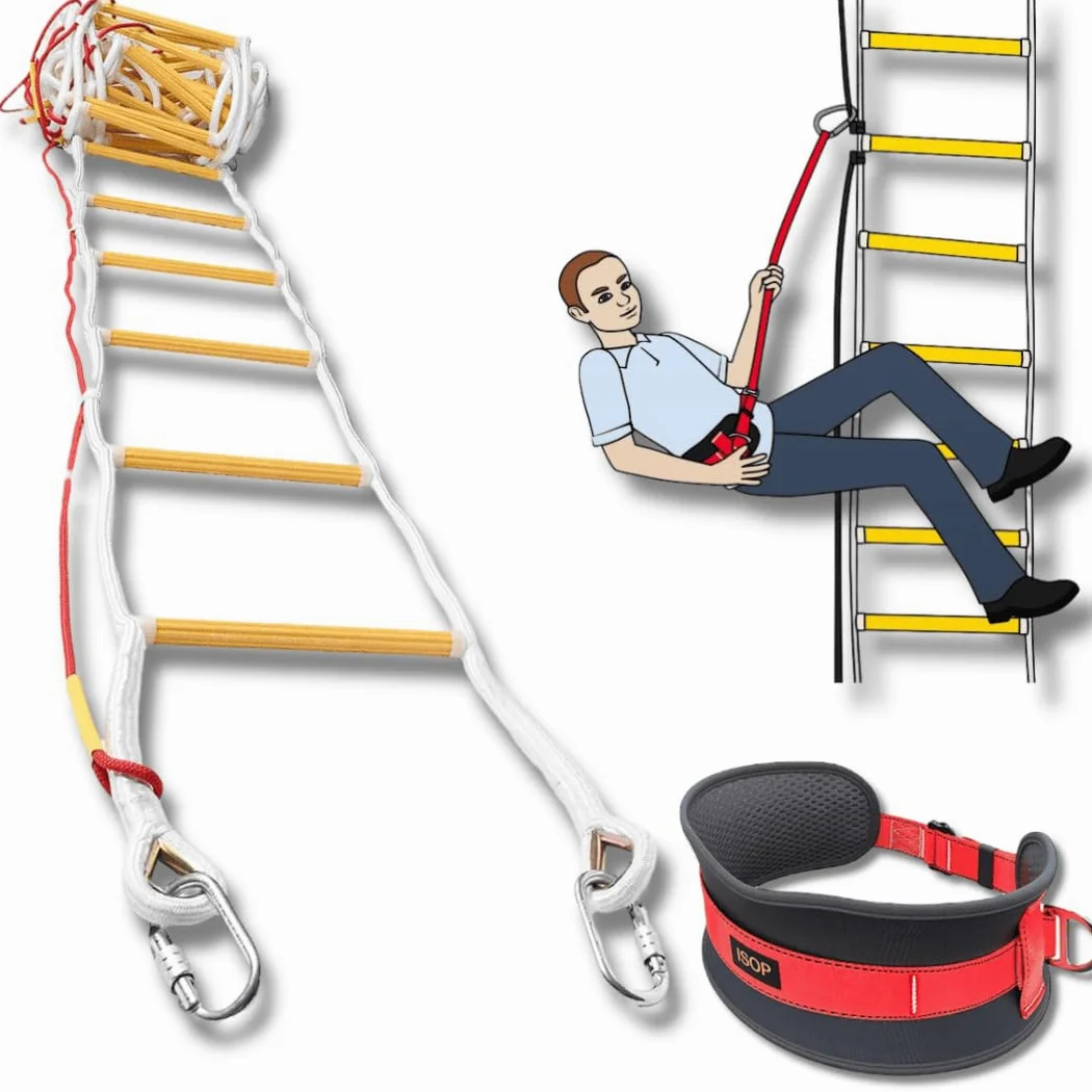 ISOP Scala di emergenza antincendio 4 piani 10 m | Scala in corda resistente alla fiamma con moschettoni | Cavo di sicurezza e cintura di sicurezza | Riutilizzabile