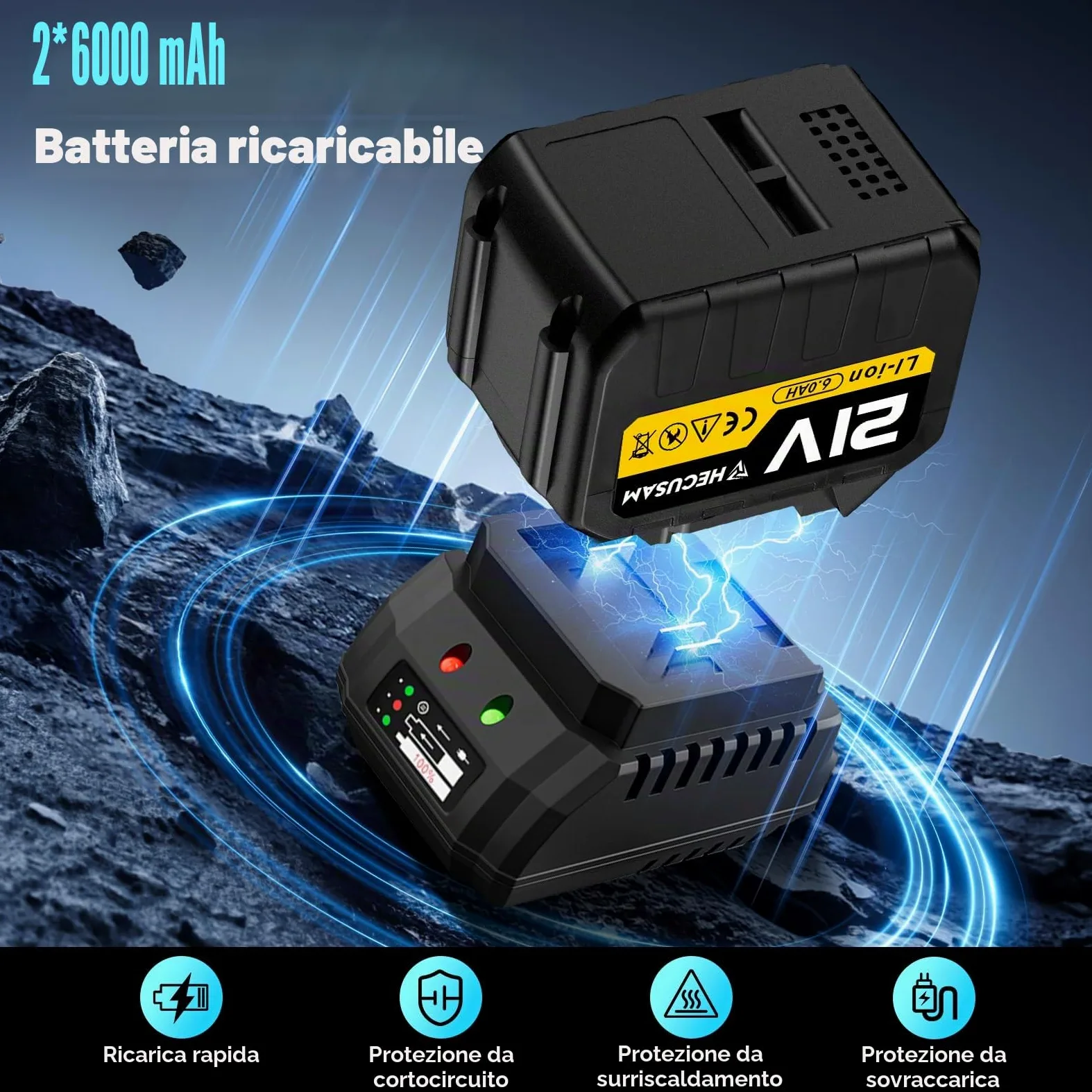 Avvitatore A Impulsi Senza Filo, 2100 Nm Di Coppia Massima, Chiave A Percussione 3/4" Con Due Batterie Da 6000mah, Adattatore Da 1/2 Pollici, Caricatore Rapido, Auto Familiare/macchine pesanti
