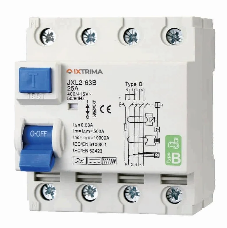 Interruttore Differenziale Puro Magnetotermico 4P 25A 30mA CURVA B 6KA AC/DC 380V 30mA CURVA B per Guida DIN - 4 Moduli DIN - Protezione Circuiti e Sicurezza Impianti