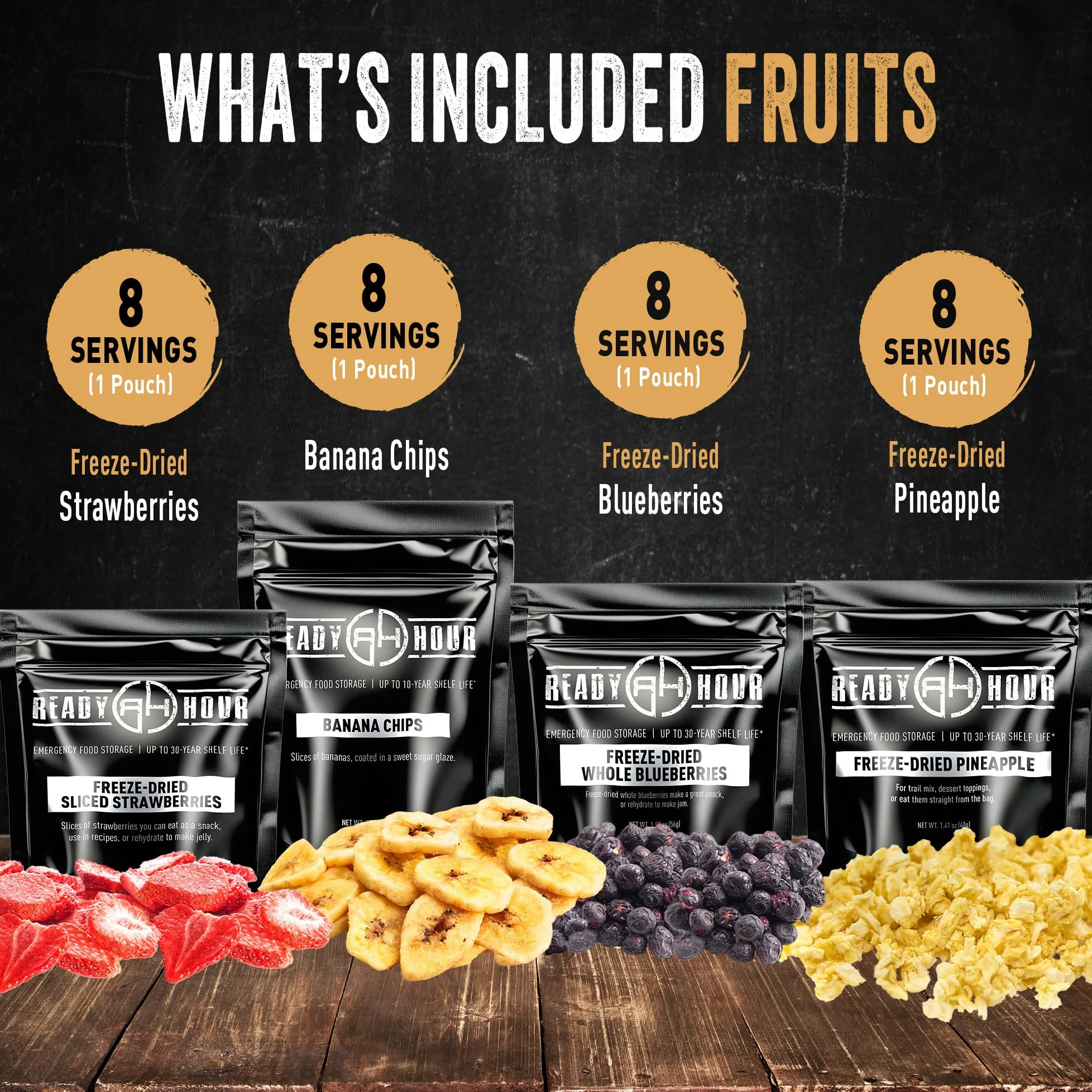 Ready Hour, Miscela di frutta e verdura, Cibo liofilizzato non deperibile, Durata di conservazione di 30 anni, Fornitura alimentare portatile di emergenza e avventura, Contenitore resistente alle