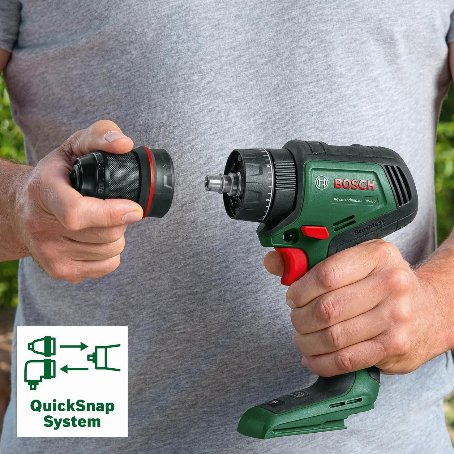 Bosch trapano battente-avvitatore batteria AdvancedImpact 18V-80 QuickSnap (foratura a percussione/avvitamento; 18V; brushless; 82Nm; mandrino metallo 13mm; batteria e caricabatt.)