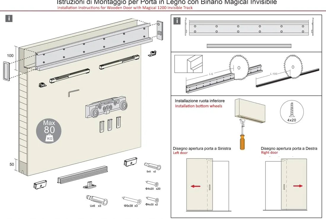 Porte Italiane, Porta Bianca Scorrevole Esterno Muro Fresato con Binario Invisibile MAGICAL 1200, Senso di Apertura Reversibile, Pronta all'Installazione, 90x230 cm, con Maniglia Argento Semi-Lucido