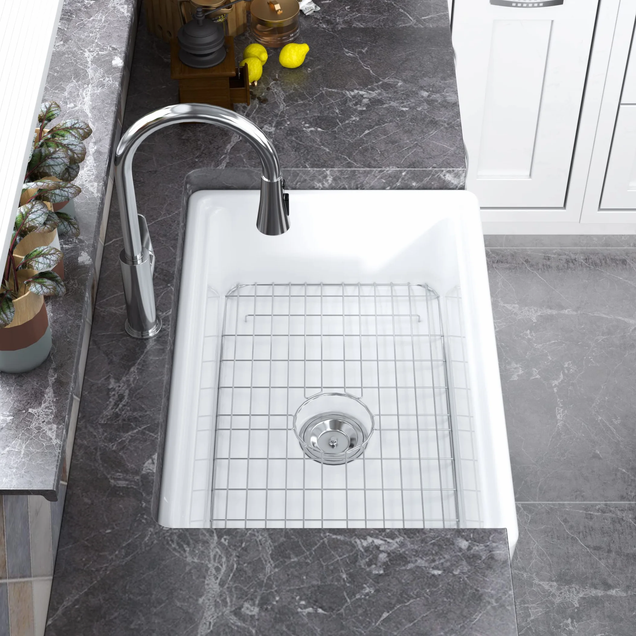 MEJE 76.2 x 50.8 CM Grembiule-front Rim Rim Workstation Farmhouse Lavello da cucina, ciotola singola in ceramica con tagliere, griglia e filtro - bianco