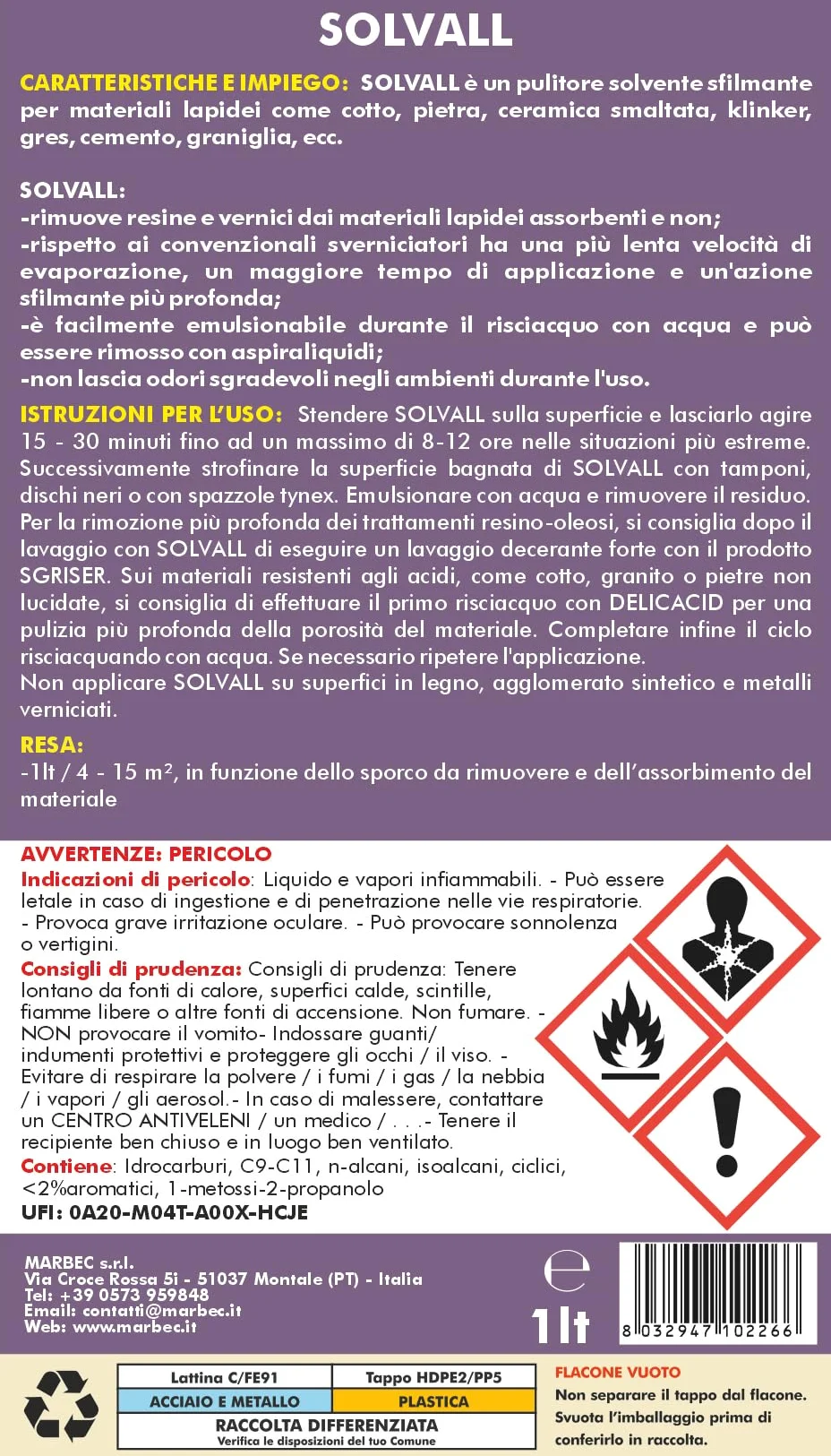 MARBEC SOLVALL 1LT+TAMPONE Pulitore sverniciatore sfilmante per materiali lapidei