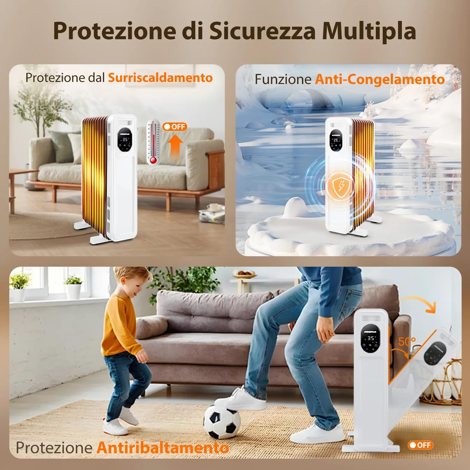 Aigostar Radiatore ad Olio 2500W, 13 Elementi Riscaldatore Elettrico Portatile, 3 Livelli di Calore, Modalità ECO, Timer 24H, Touch screen digitale, Telecomando, Hyperheat, Protezione Multipla, 60mq