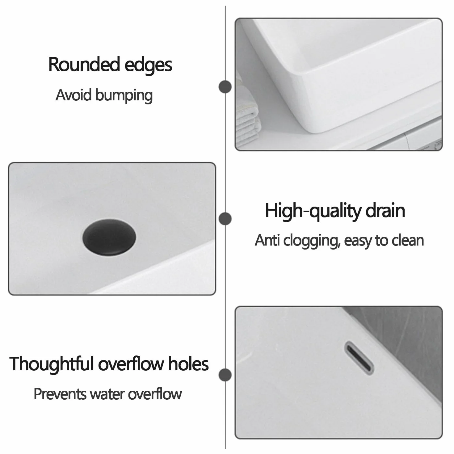 Lavabo da Appoggio in Ceramica con Troppopieno, Lavello Rettangolare Moderno con Scarichi Laterali e Scarico Pop-up per Bagno e WC degli Ospiti
