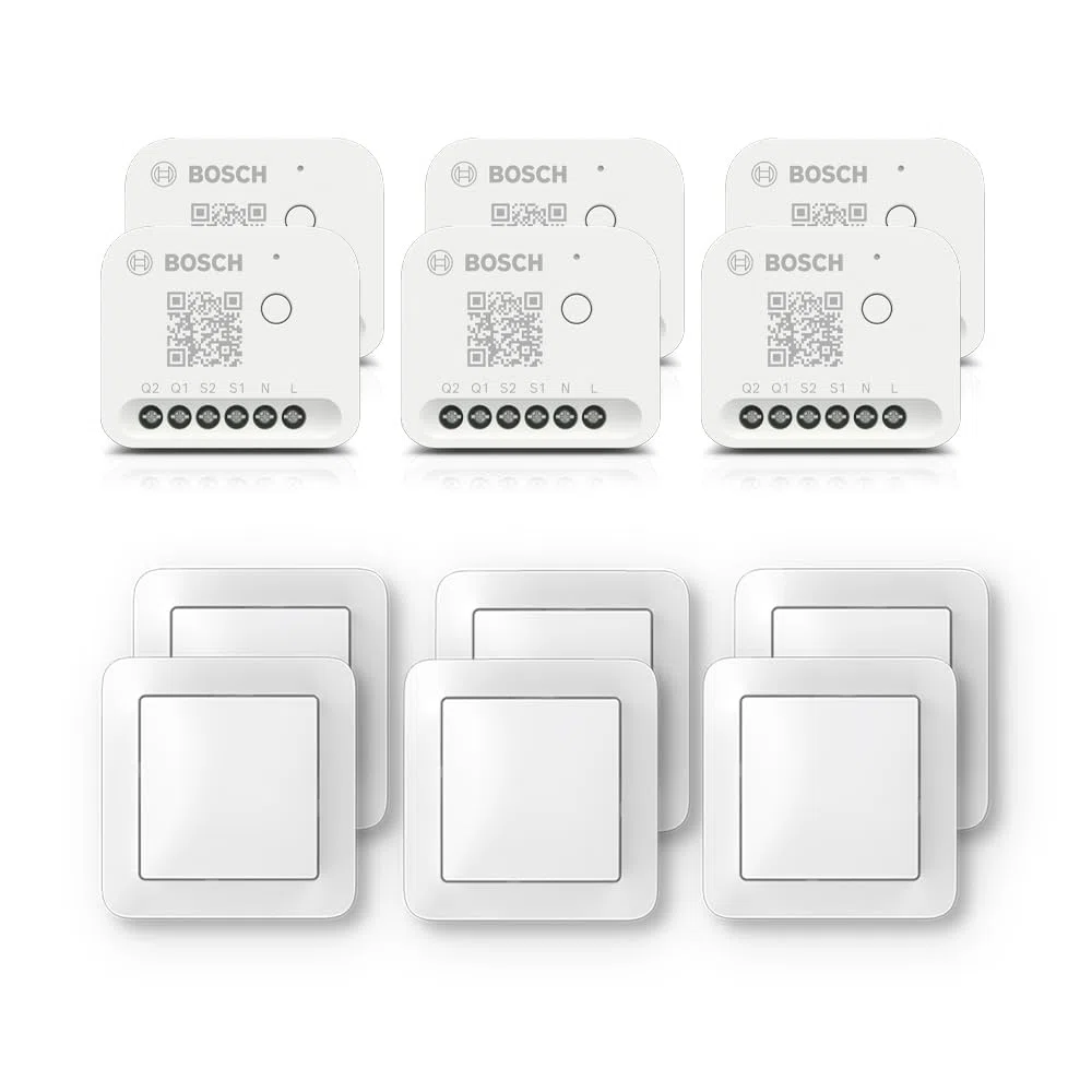 Set di illuminazione e oscuramento per la casa intelligente di Bosch, comprendente interruttore a parete, 6x controllo luci/tapparelle II, 6x interruttore a parete per attuatori smart