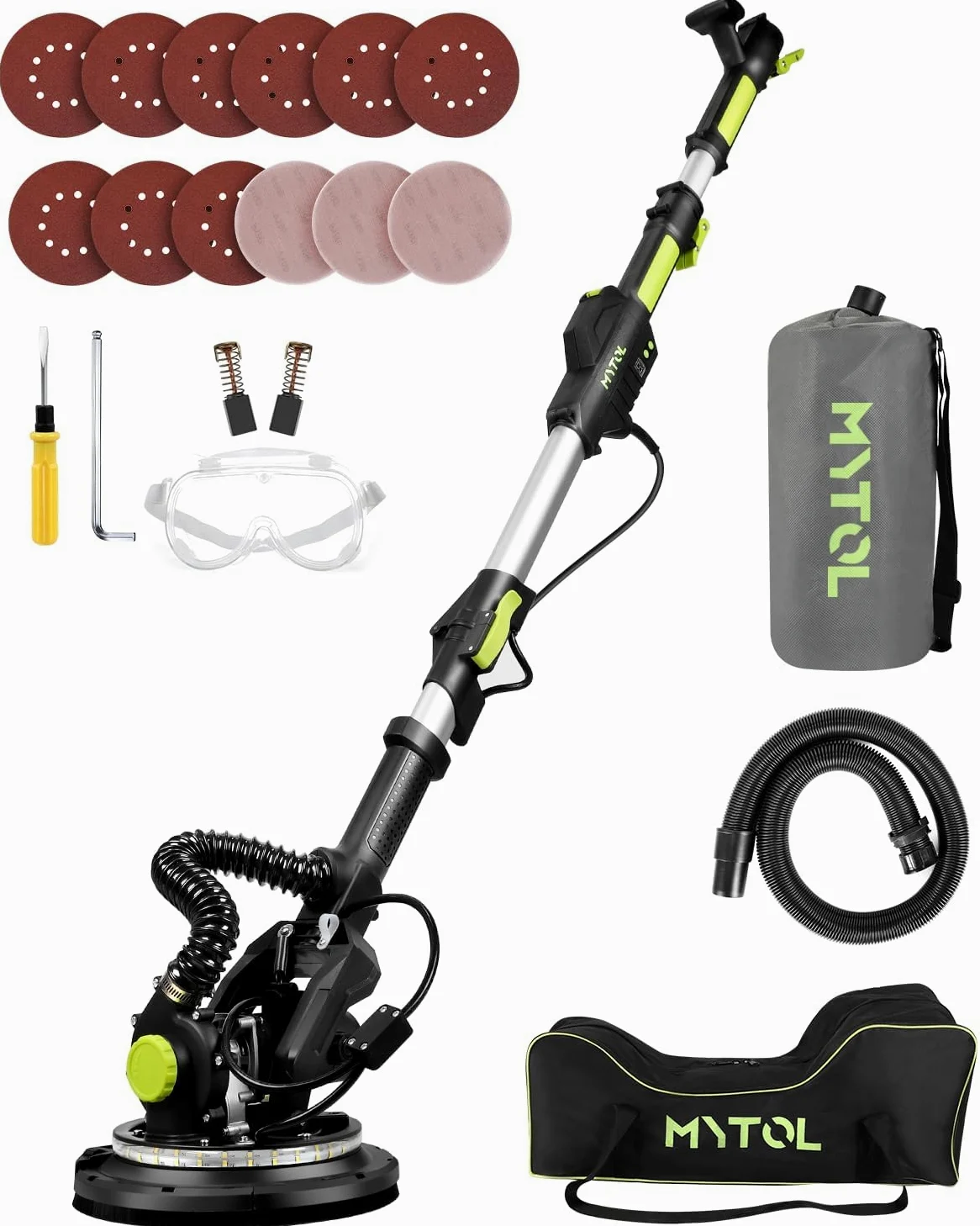 MYTOL Levigatrice per Muro con Aspiratore, 900W Elettrico Giraffa Levigatrice per cartongesso Manico Allungabile Pieghevole, 6 Velocità Variabili Massimo 1800U/min, Luce LED, 12 Carte Abrasive